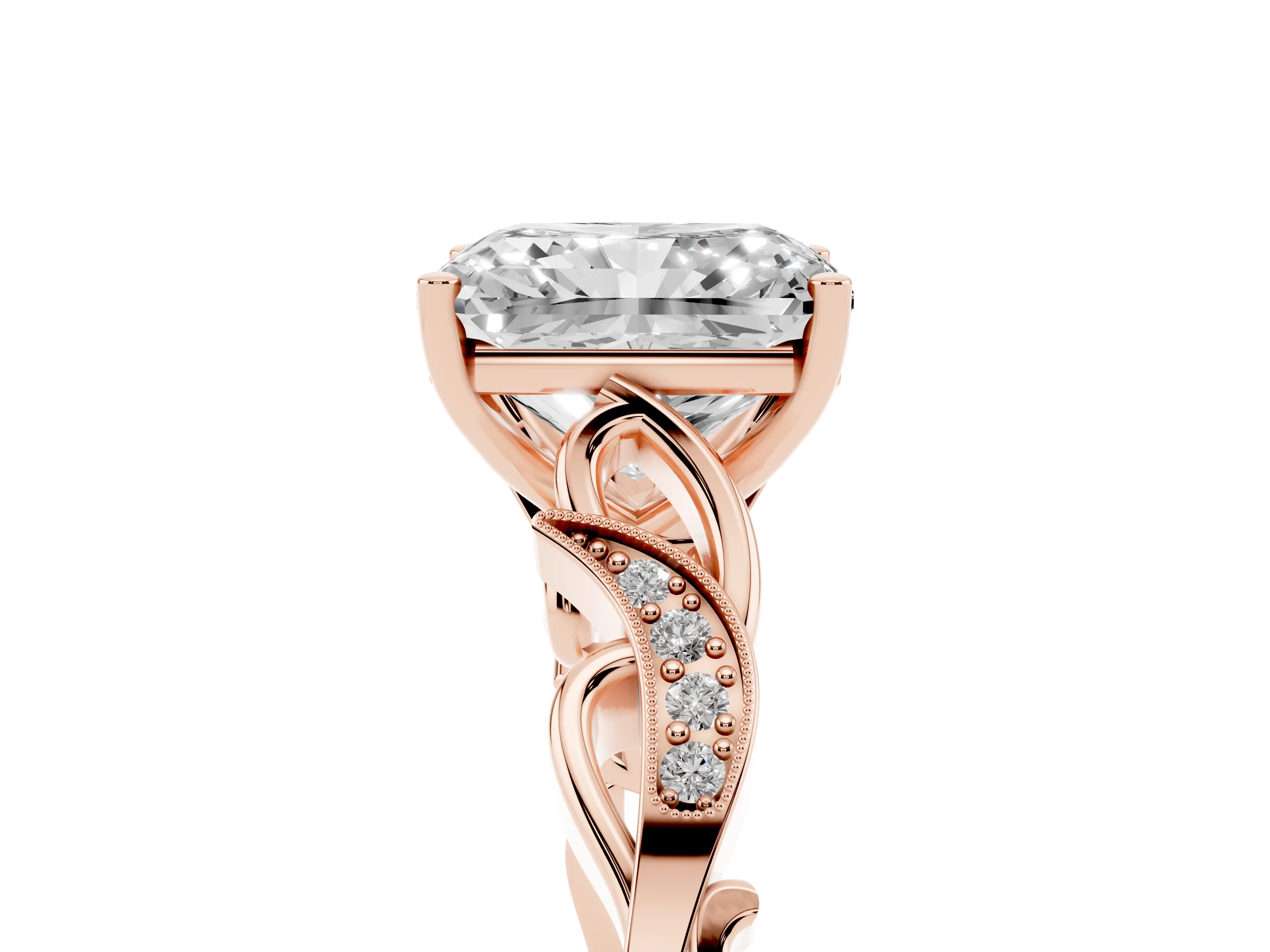 Radiant Cut Diamond Vine Band Solitaire Ring Set in Rose gold with Milgrain Prong Setting