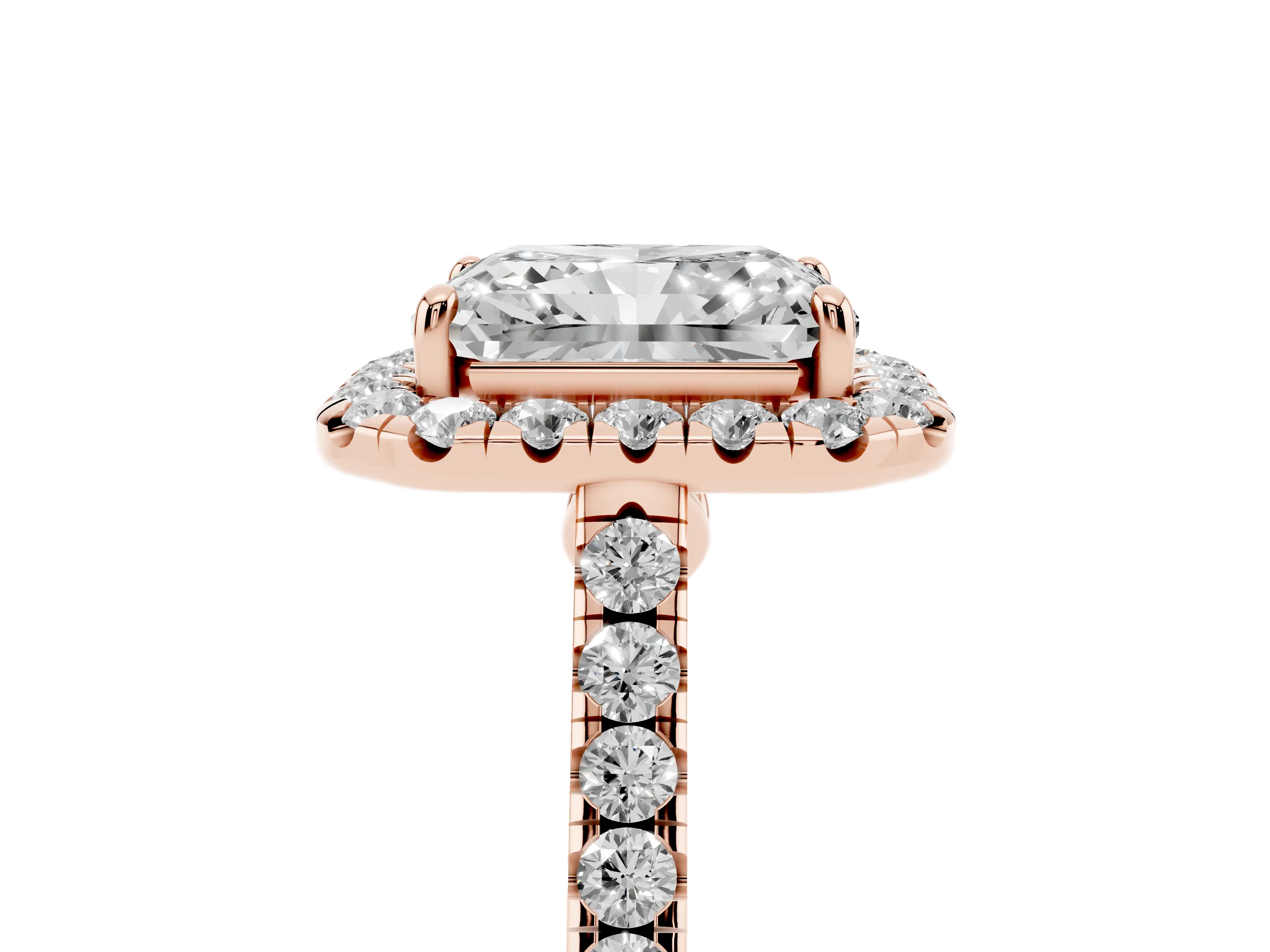 Radiant Cut Diamond Halo Pavé Engagement Ring Set in Rose gold with Prong Setting