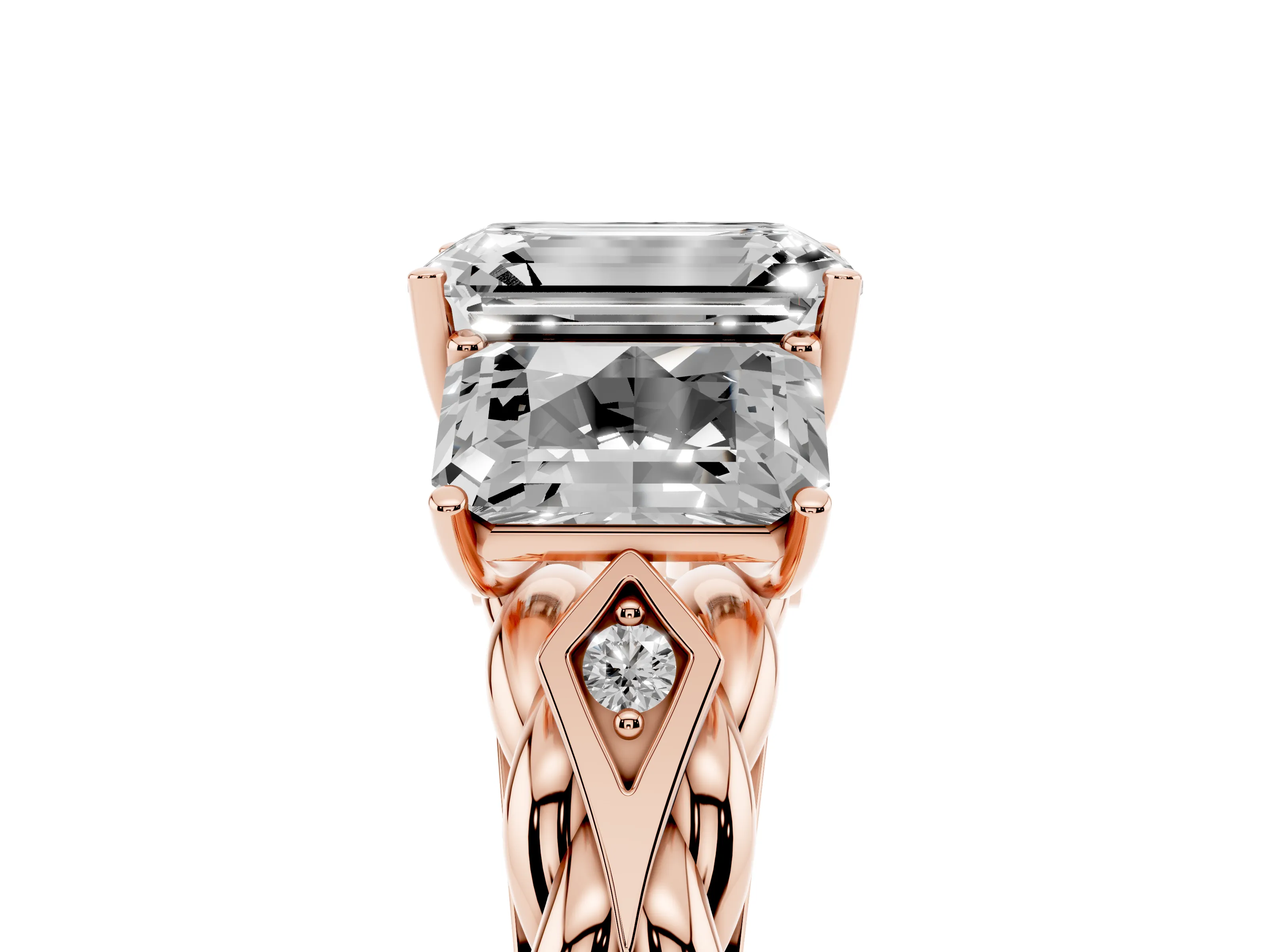 Radiant Cut Diamond Three-Stone Ring Set in Rose gold with Braided Band
