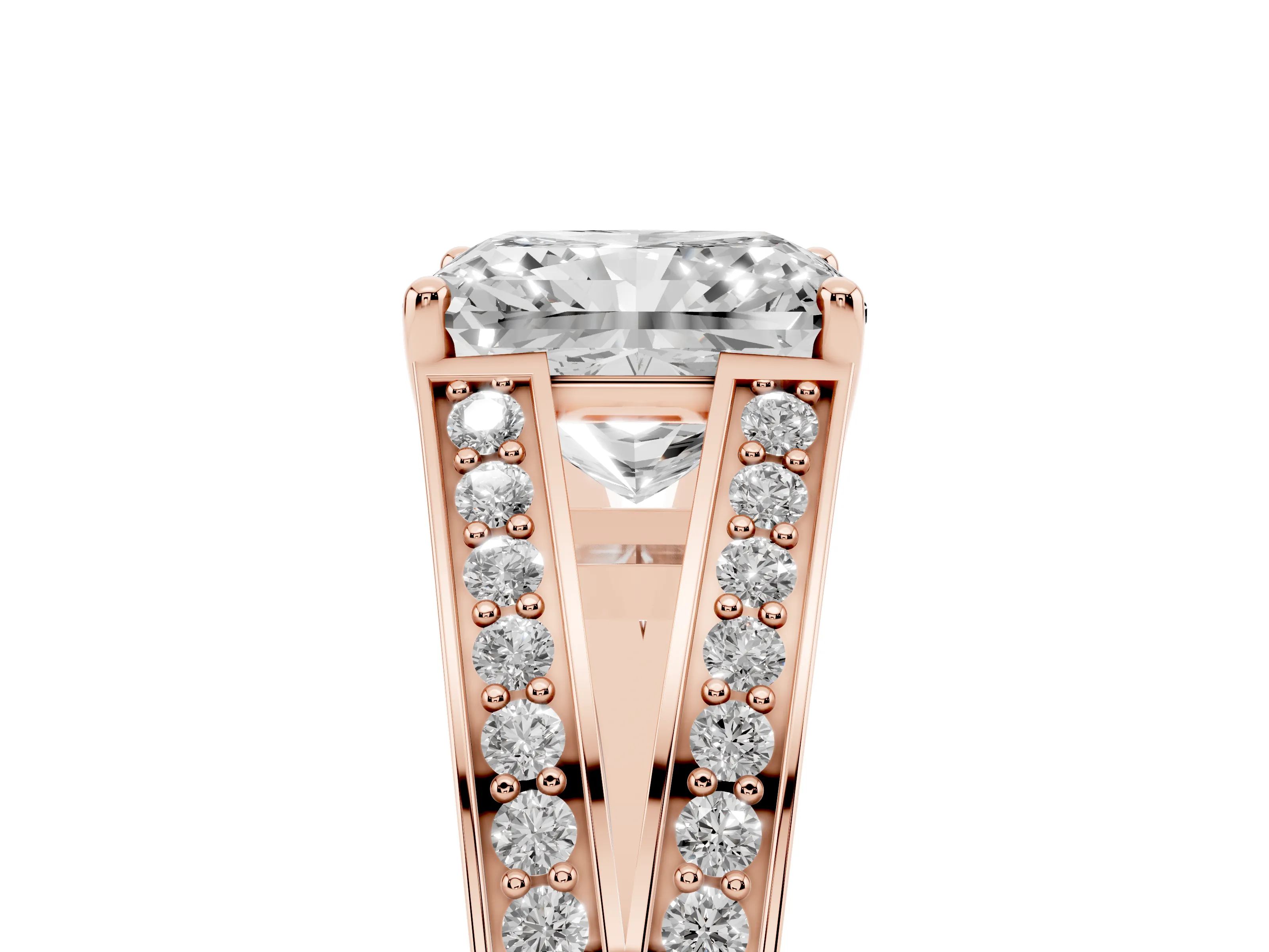 Radiant Cut Diamond Split Shank Ring Set in Rose gold with Pavé Band and Prong Setting