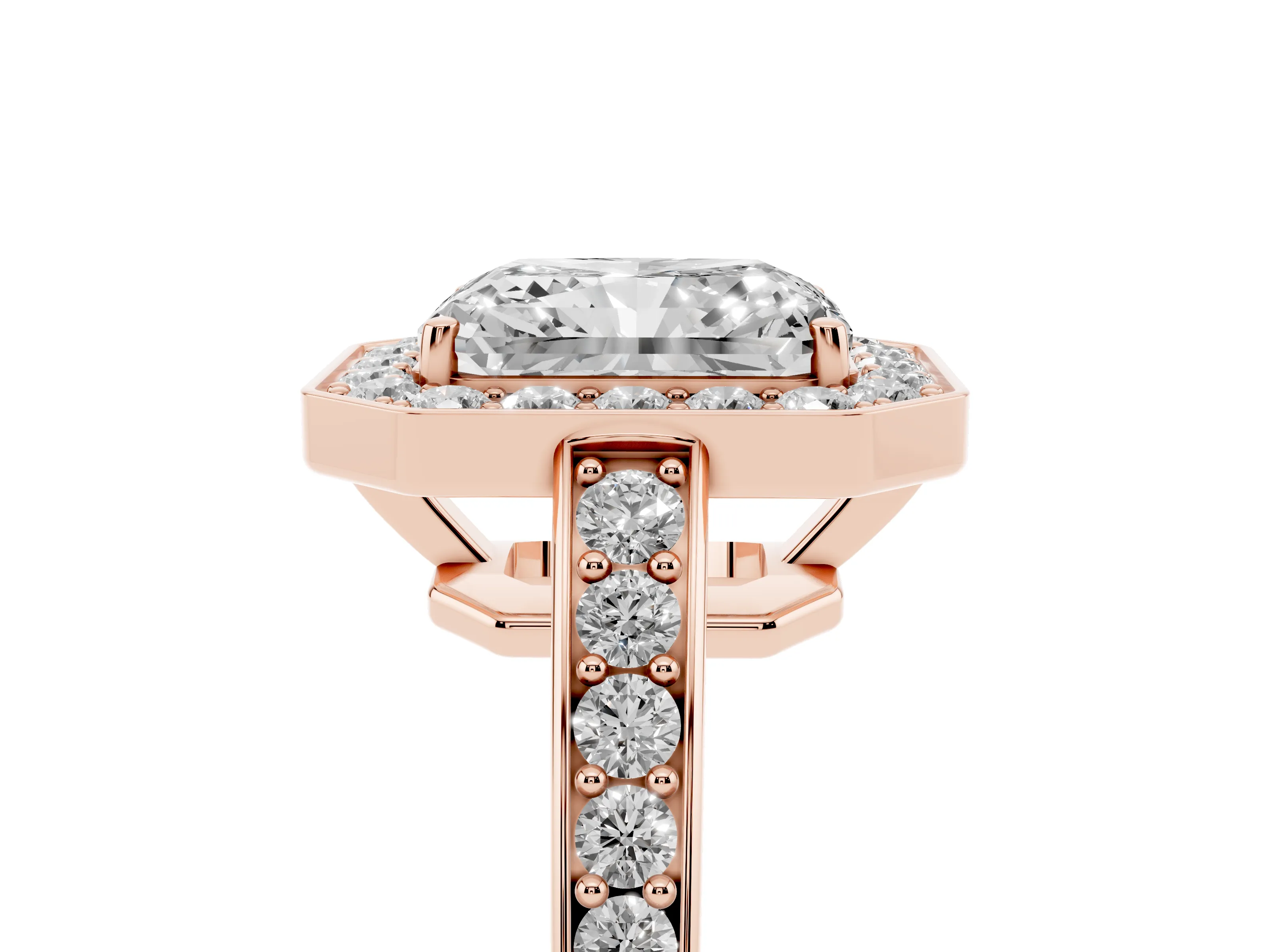 Radiant Cut Diamond Halo Pavé Engagement Ring Set in Rose gold with Bezel Setting