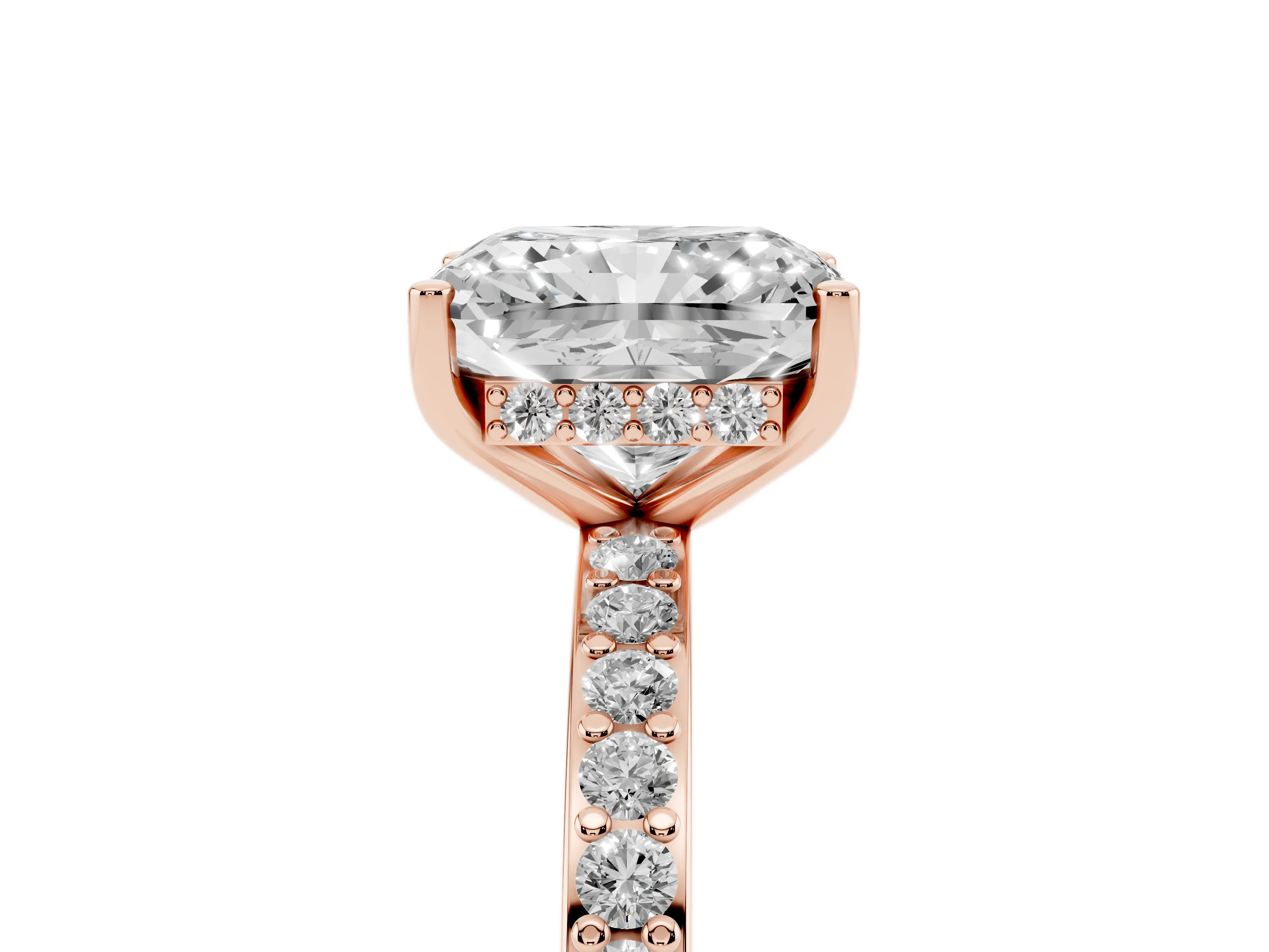 Radiant Cut Diamond Pavé Band Ring Set in Rose gold with Prong-Set Center Stone