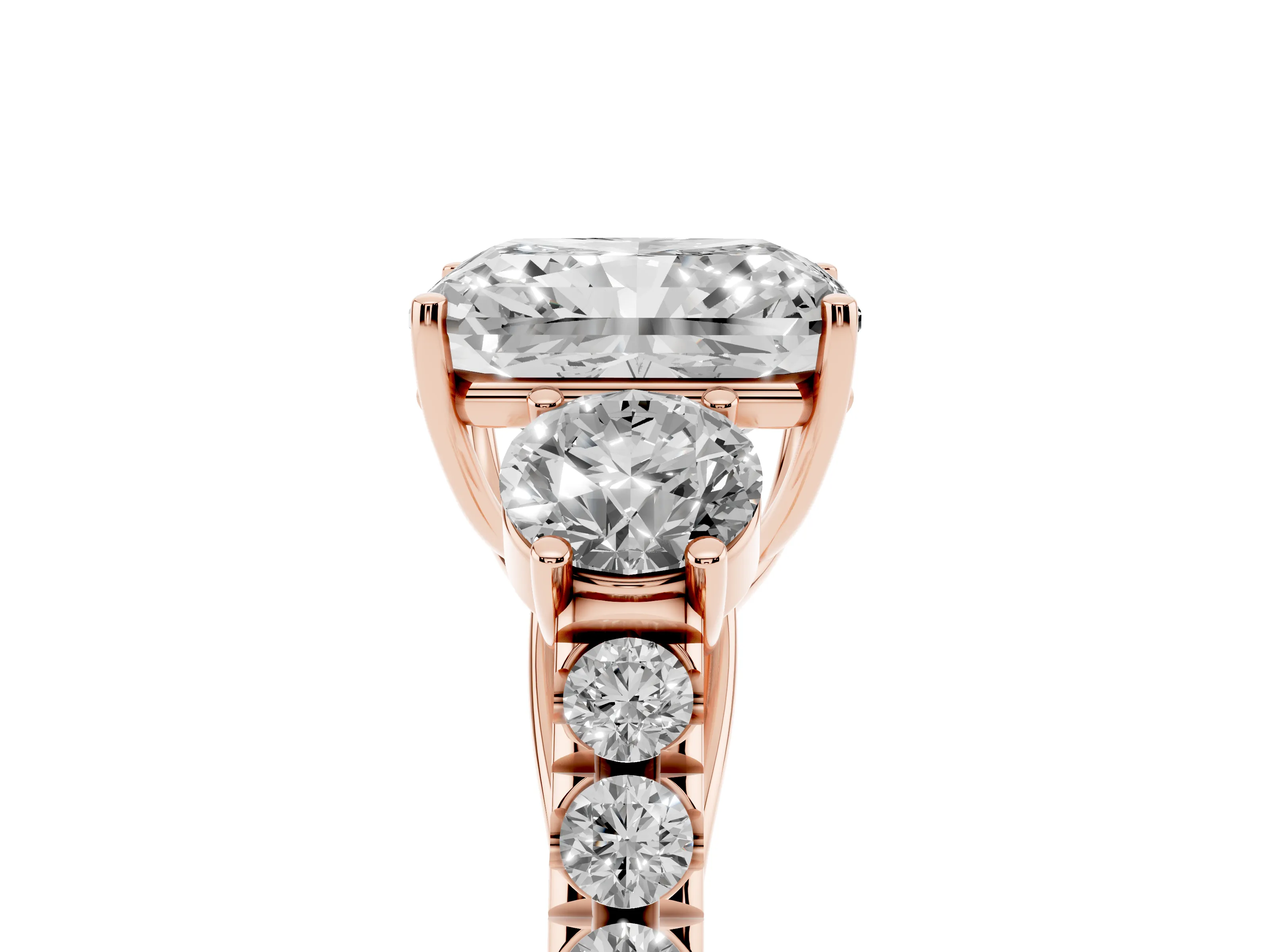 Radiant Cut Diamond Three-Stone Ring Set in Rose gold with Round Side Stones and Delicate Pavé Band