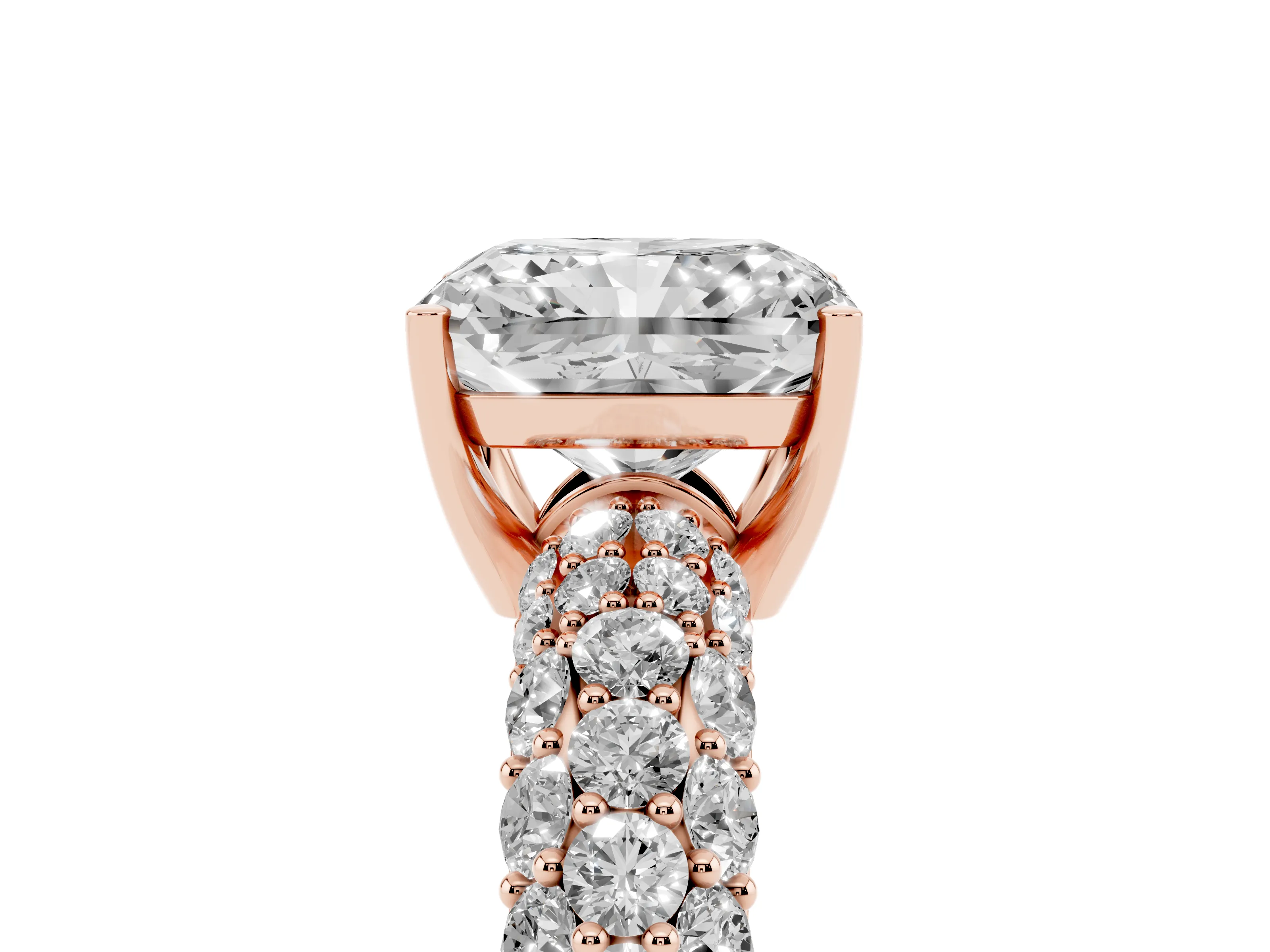 Radiant Cut Diamond Pavé Band Solitaire Ring Set in Rose gold with Close-Set Accent Stones and Prong Setting