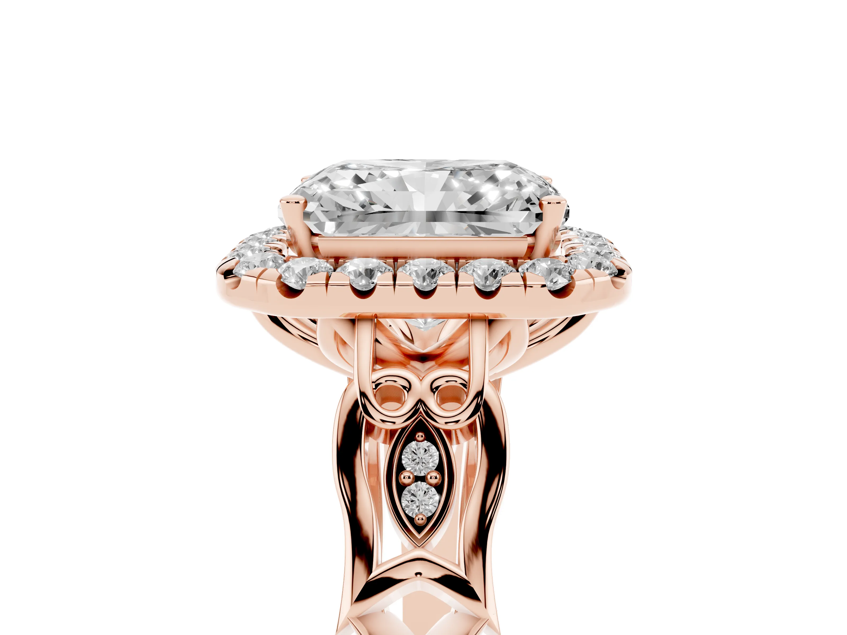 Radiant Cut Diamond Halo Engagement Ring Set in Rose gold with Filigree Band and Prong-Set Center