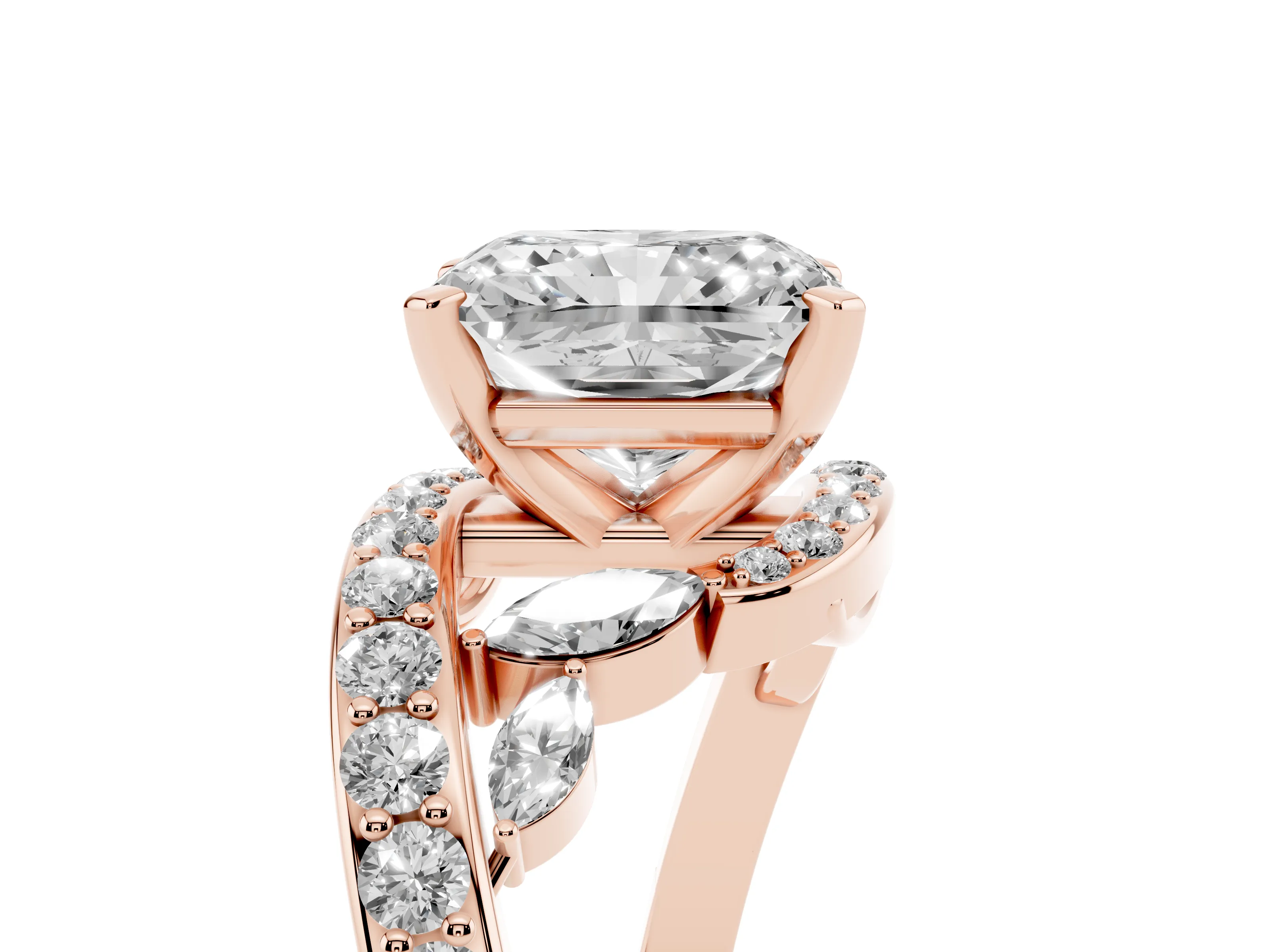 Radiant Cut Diamond Solitaire Ring Set in Rose gold with Pavé Twist Band and Secure Prong Setting