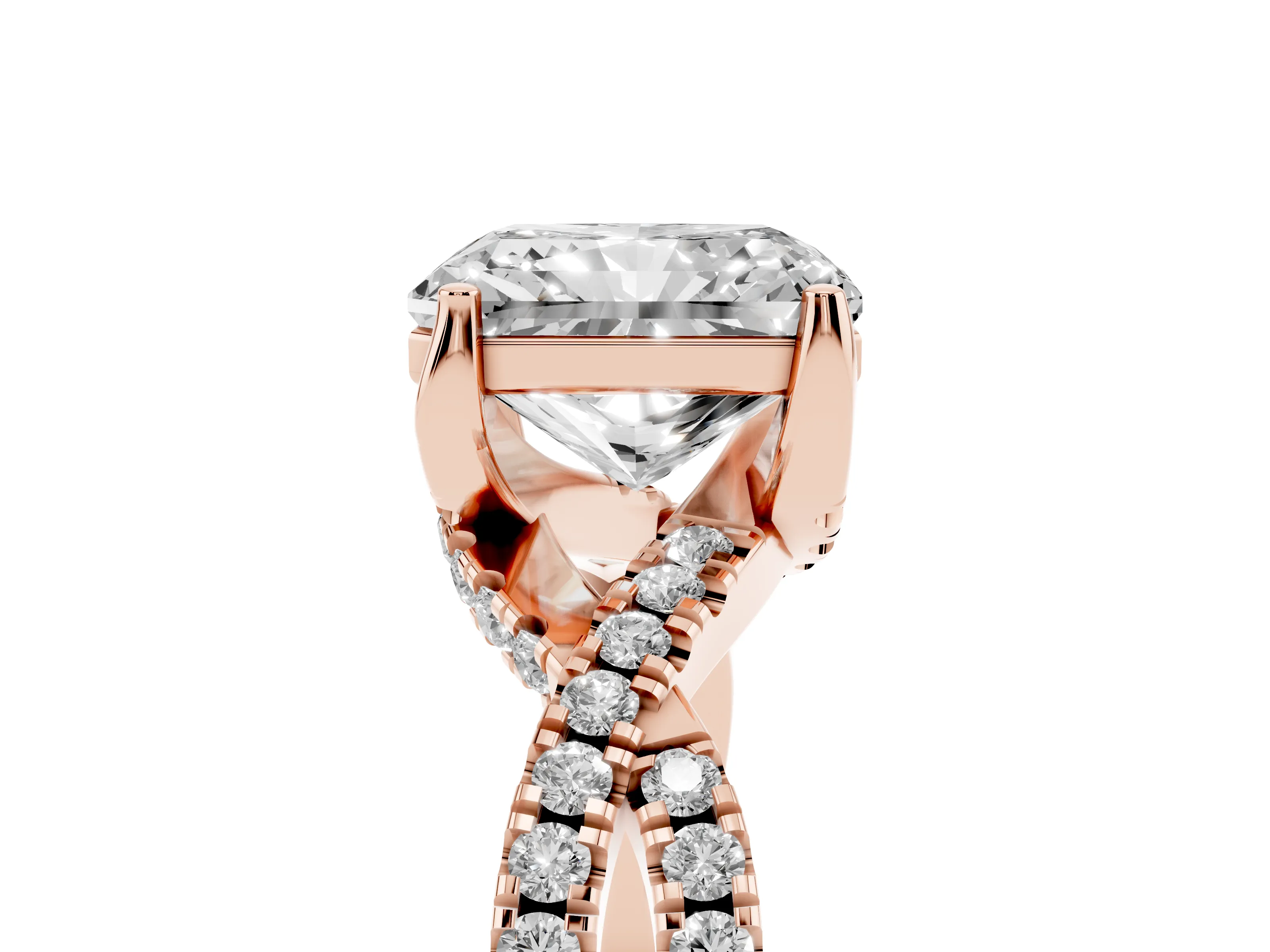 Radiant Cut Diamond Twist Pavé Solitaire Engagement Ring Set in Rose gold with Prong Setting