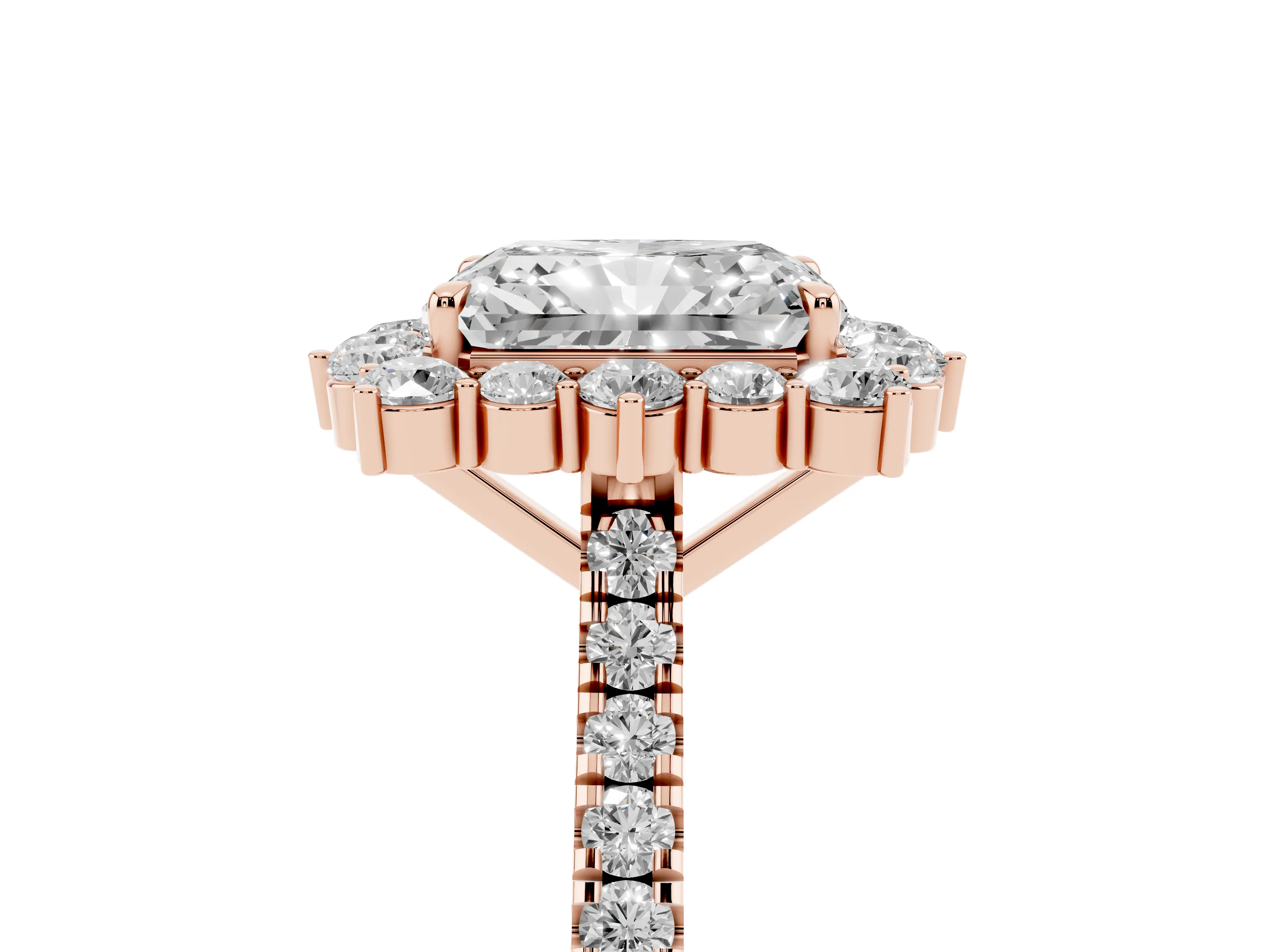 Radiant Cut Diamond Halo Ring Set in Rose gold with Pavé Band and Prong Setting