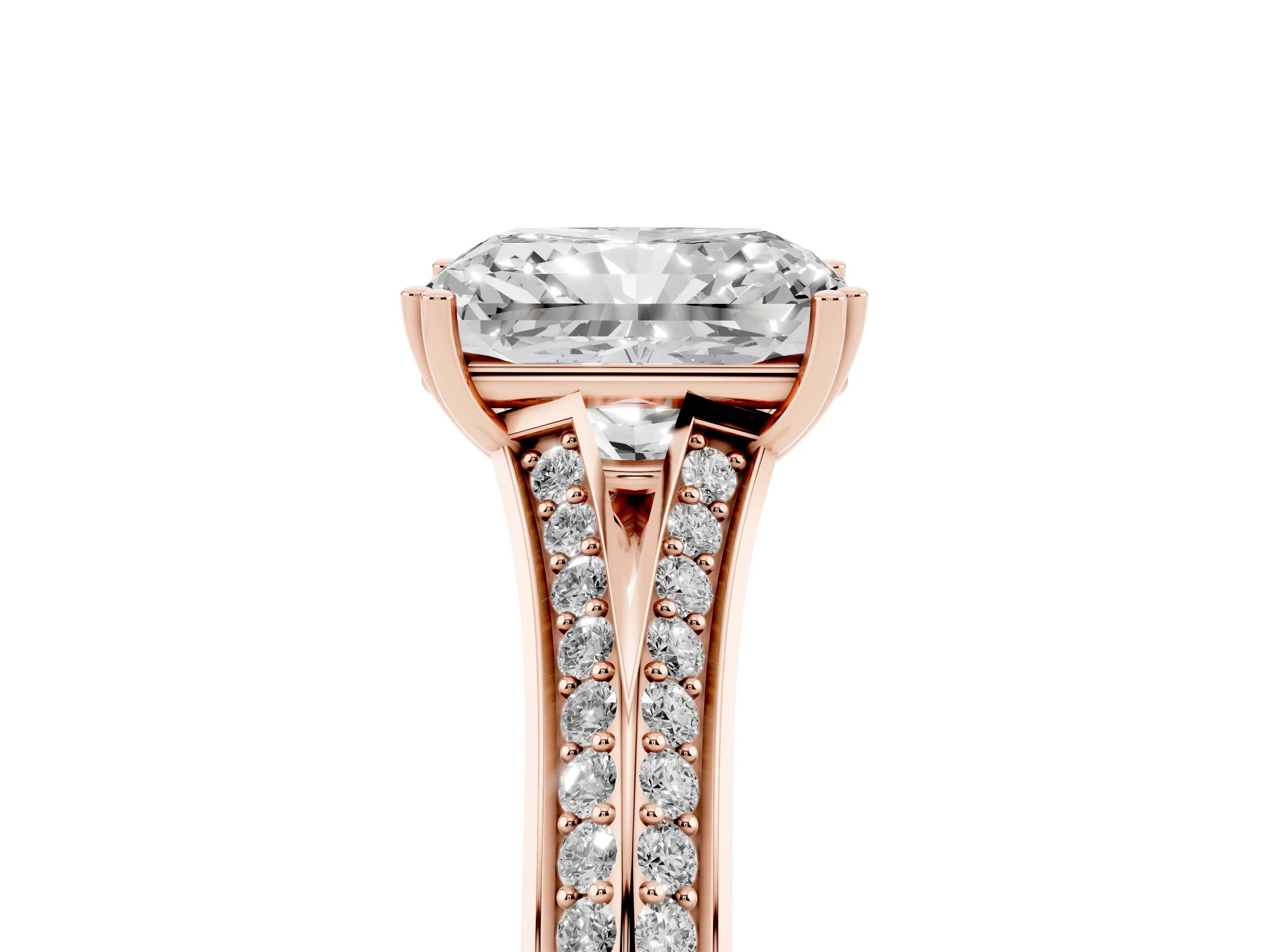 Radiant Cut Diamond Split Shank Pavé Engagement Ring Set in Rose gold with Prong-Set Center Stone