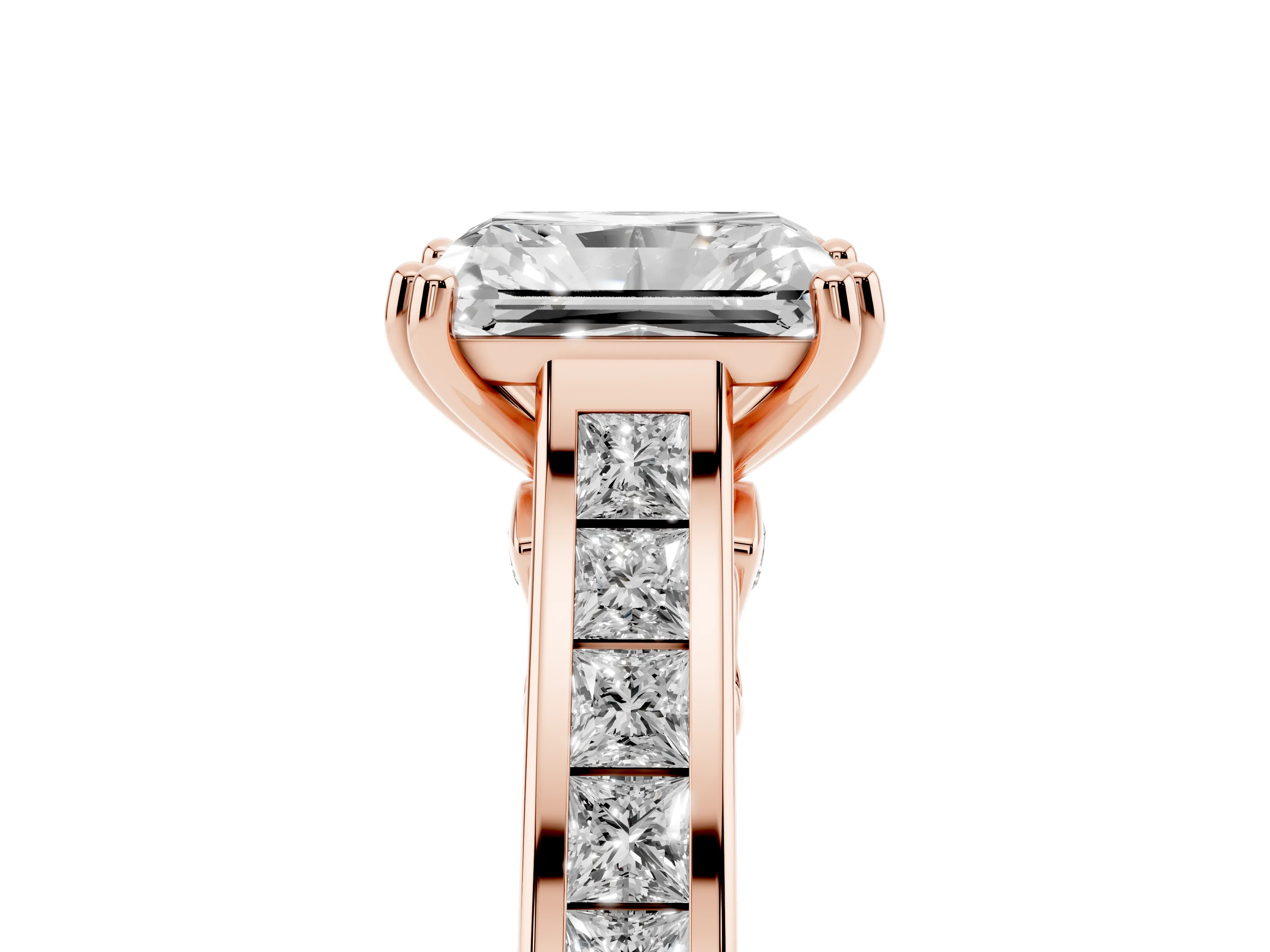 Radiant Cut Cathedral Channel Set Engagement Ring Setting | Double Claw Prongs | Rose Gold