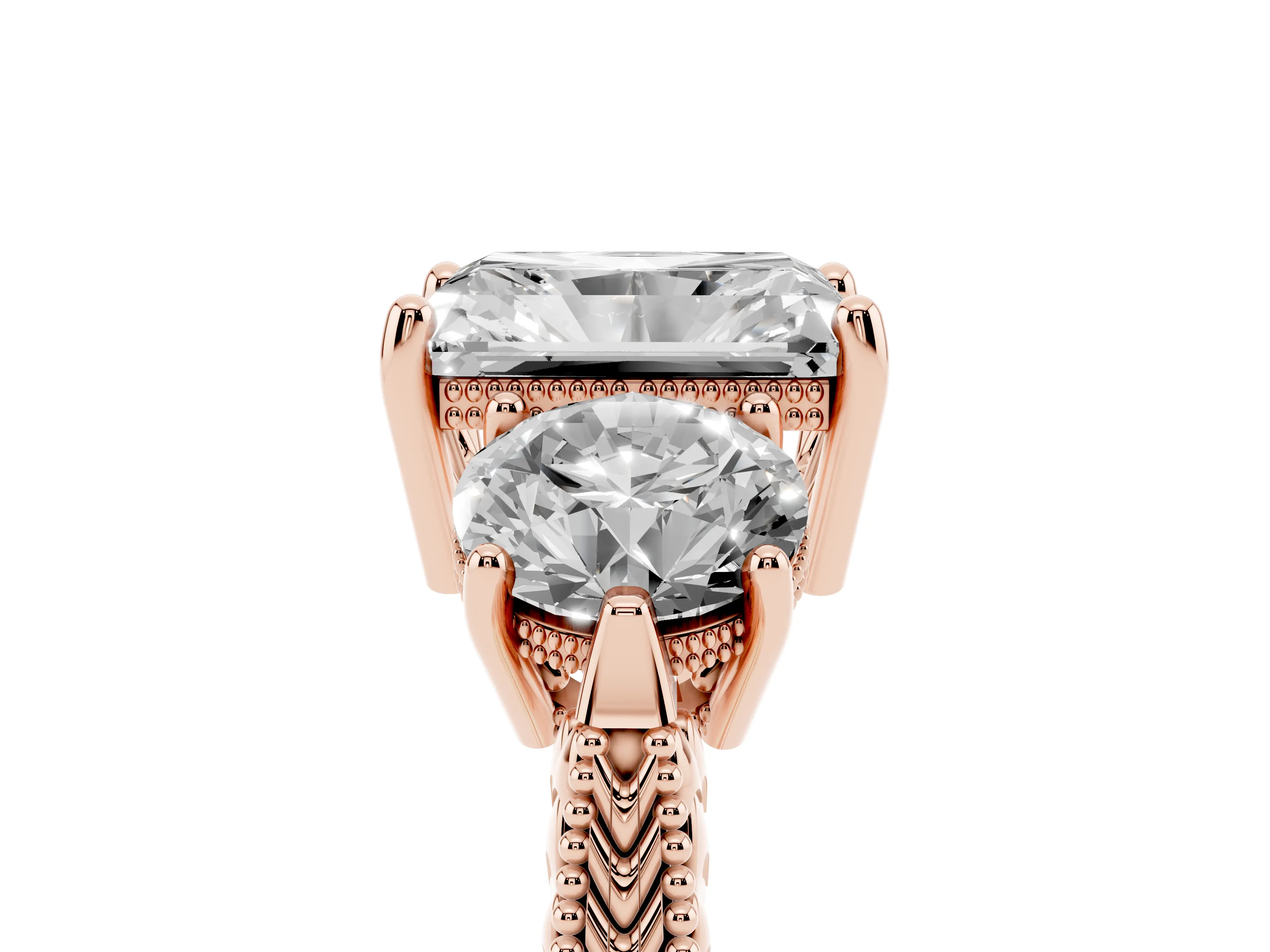 Radiant Cut Diamond Three-Stone Ring Set in Rose gold with Milgrain Band