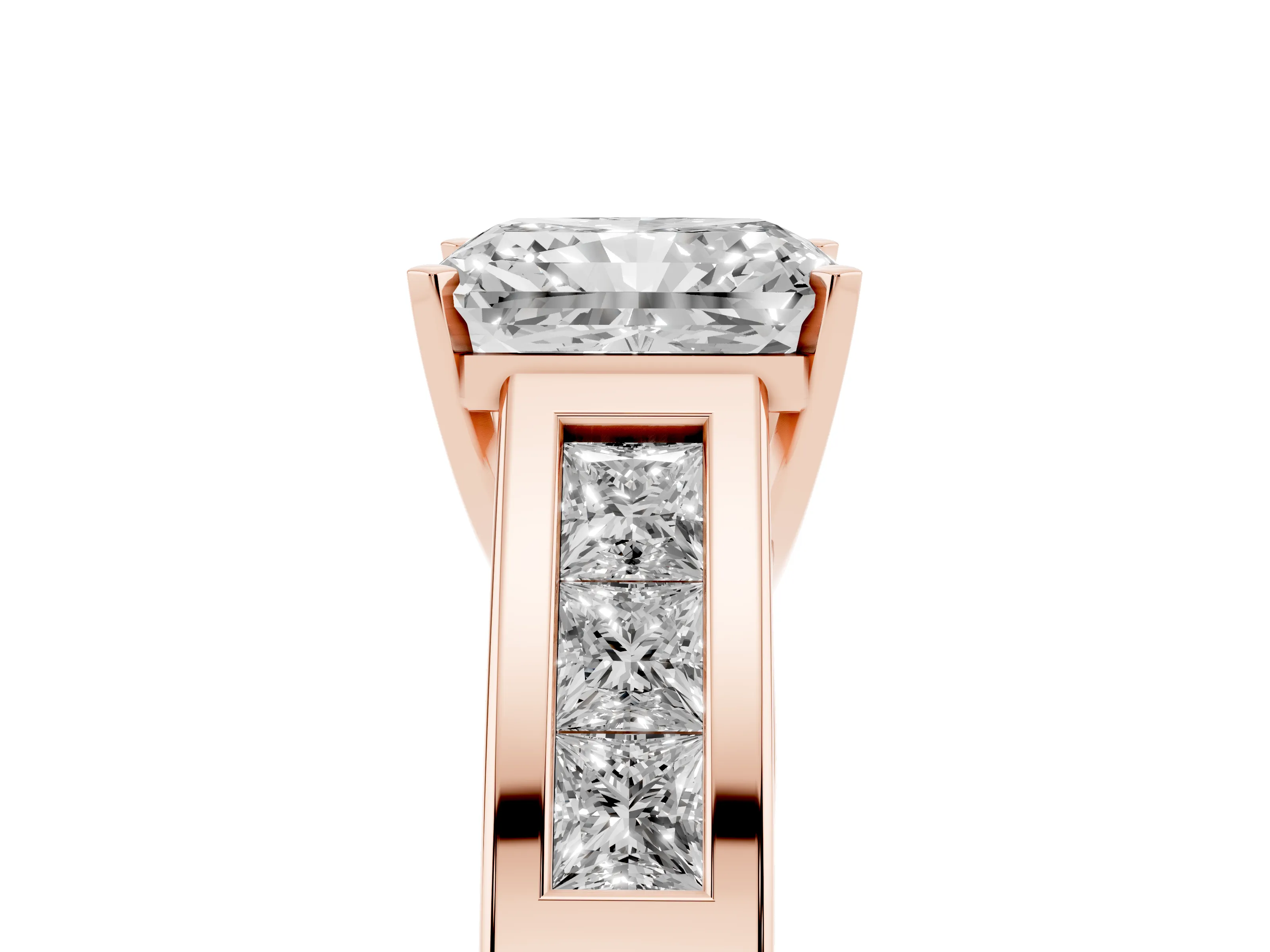 Radiant Cut Diamond Solitaire Ring Set in Rose gold with Channel-Set Accent Stones and Prong Setting