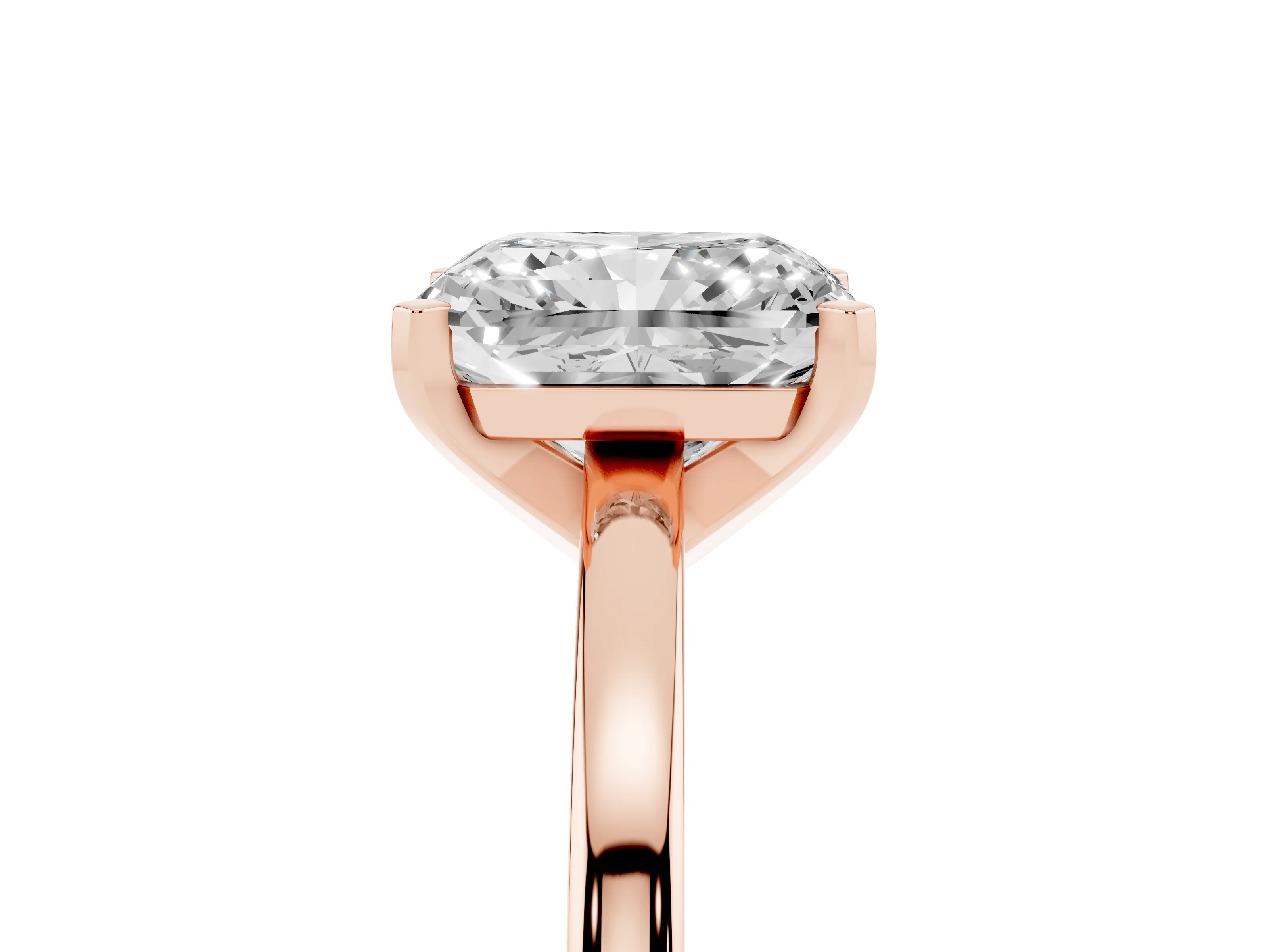 Radiant Cut Diamond Solitaire Engagement Ring Set in Rose gold with Prong Setting on a Classic Band