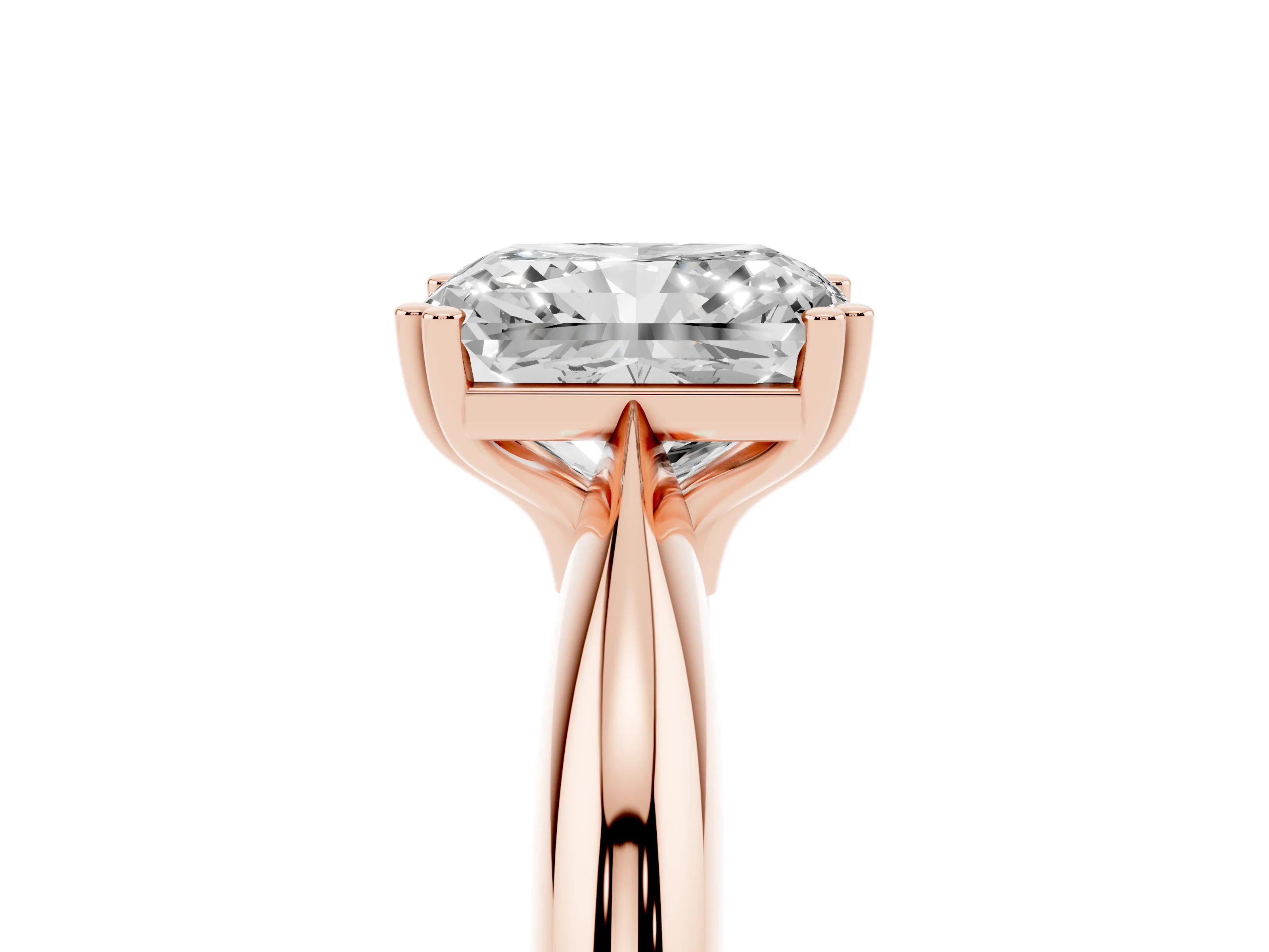 Radiant Cut Diamond Solitaire Engagement Ring Set in Rose gold with Tapered Band and Prong Setting
