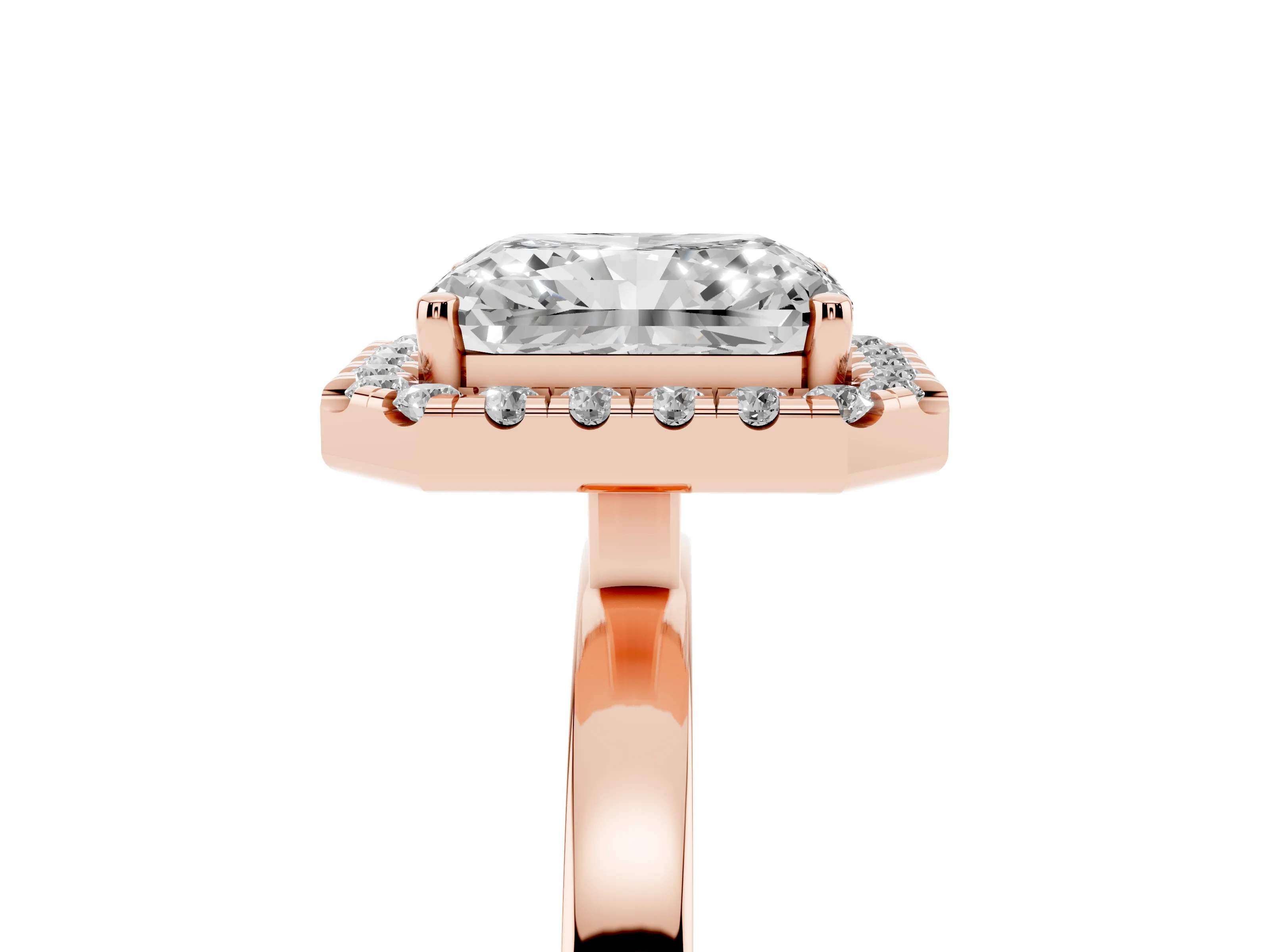 Radiant Cut Diamond Halo Solitaire Ring Set in Rose gold with Pavé Band and Prong Setting