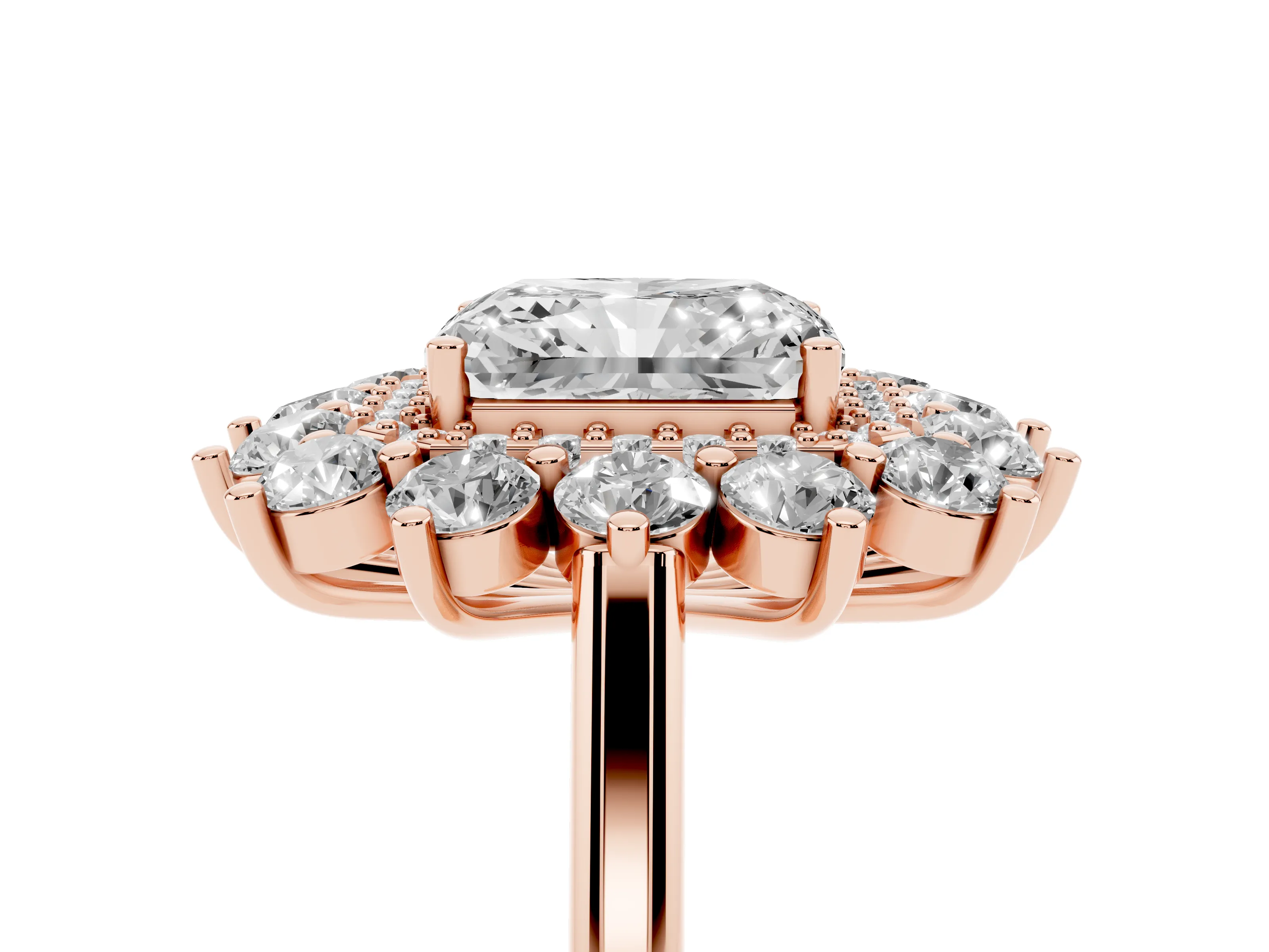 Radiant Cut Diamond Floral Double Halo Ring Set in Rose gold with Round Petals