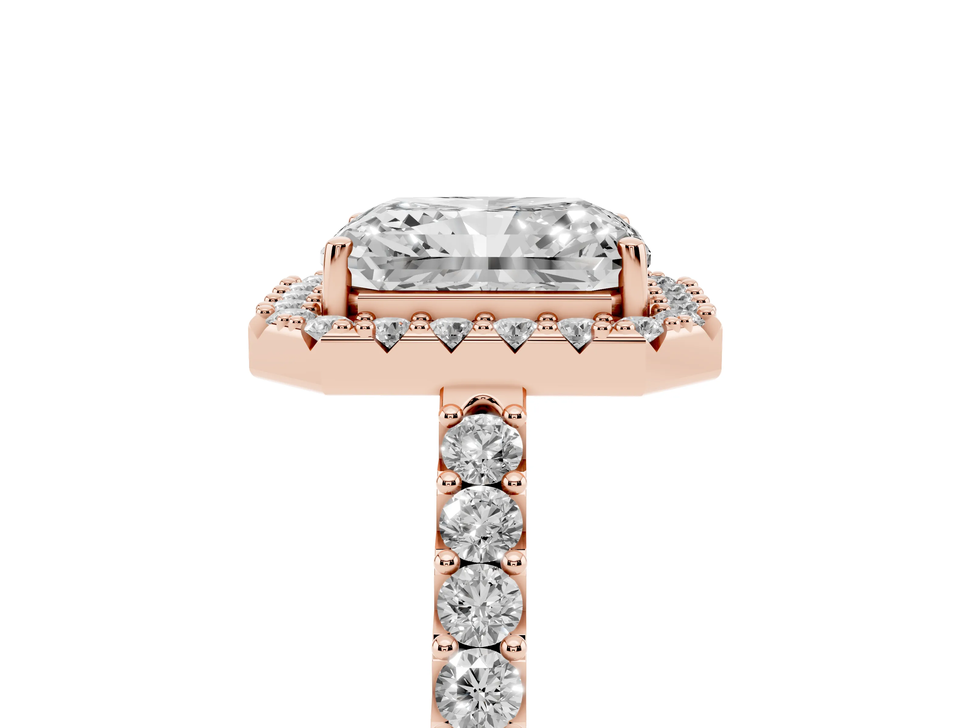 Radiant Cut Diamond Halo Pavé Solitaire Ring Set in Rose gold with Prong-Set Center Stone