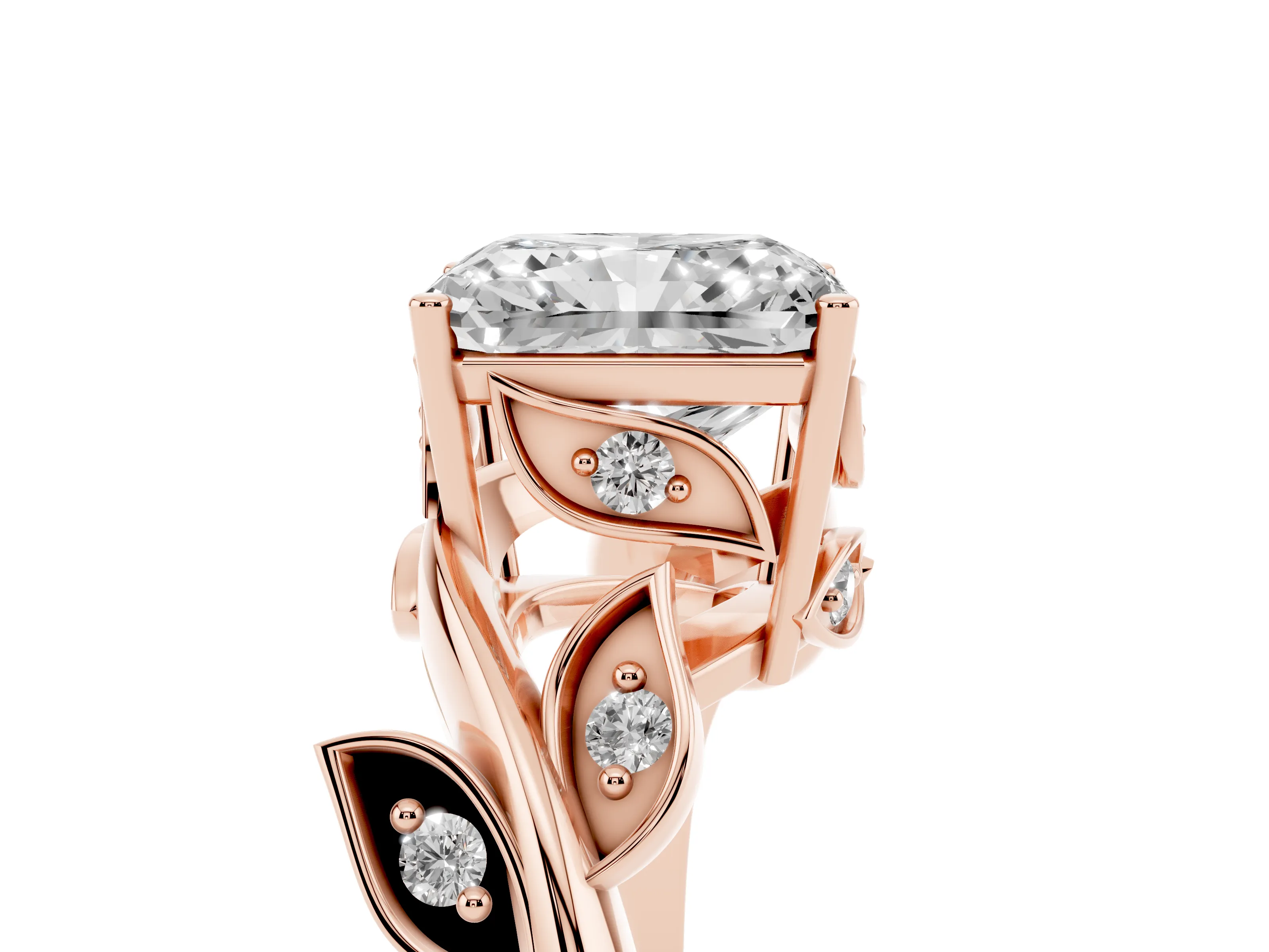 Radiant Cut Diamond Solitaire Twist Engagement Ring Set in Rose gold with Pavé Leaf Accents