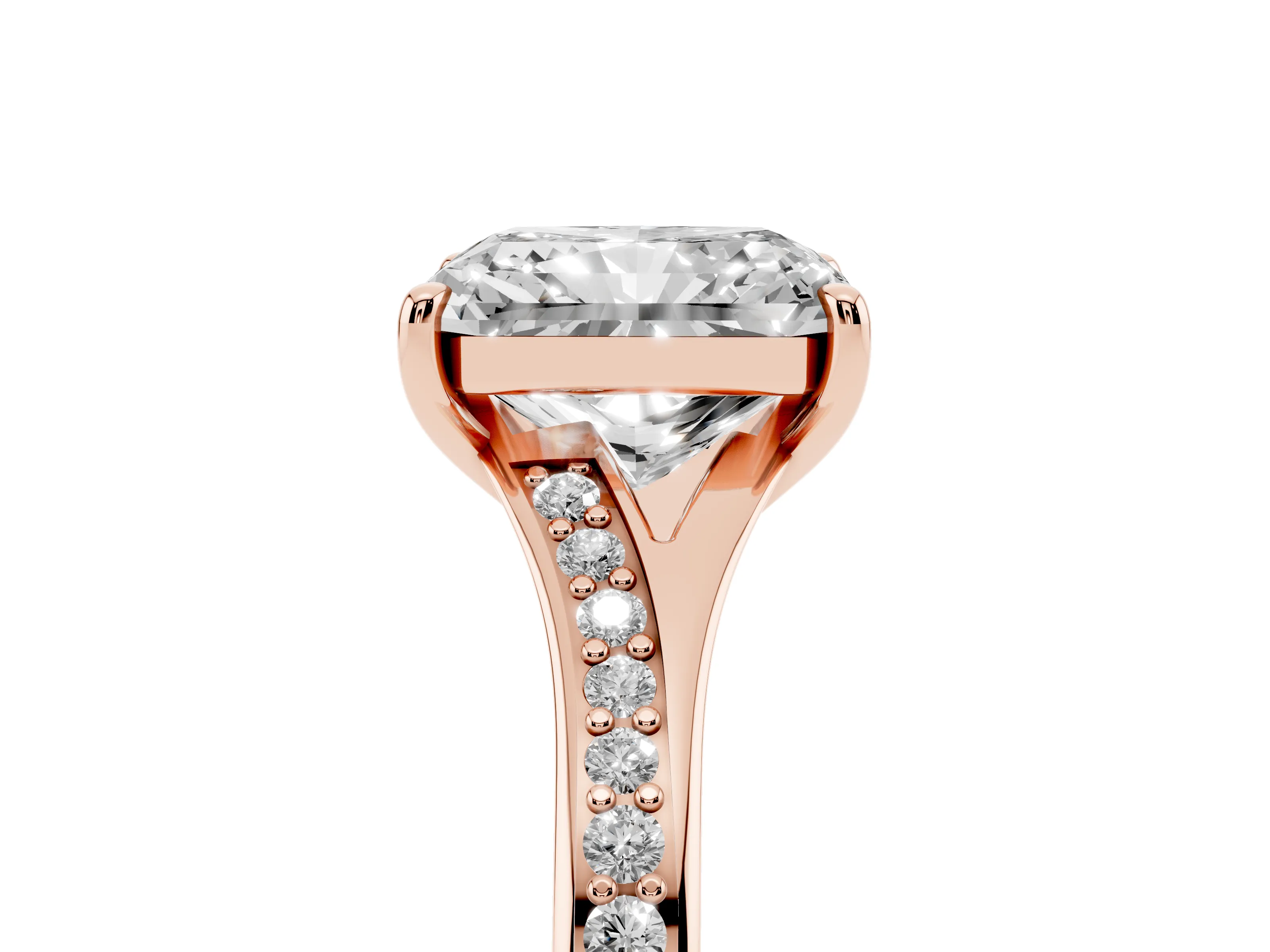 Radiant Cut Diamond Solitaire Ring Set in Rose gold with Pavé Accent Band and Classic Prong Setting