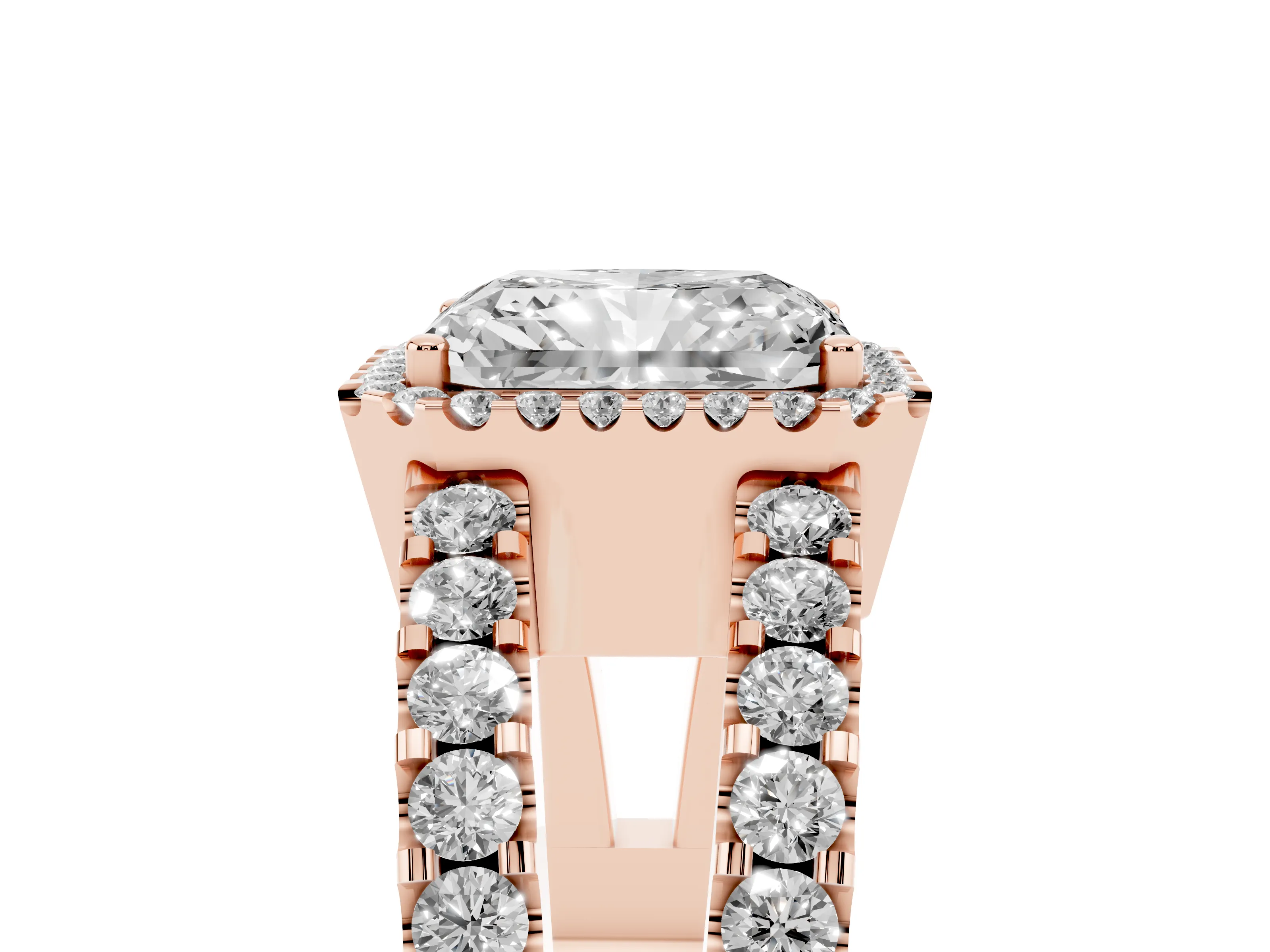 Radiant Cut Diamond Halo Ring Set in Rose gold with Pavé Split Shank and Prong Setting