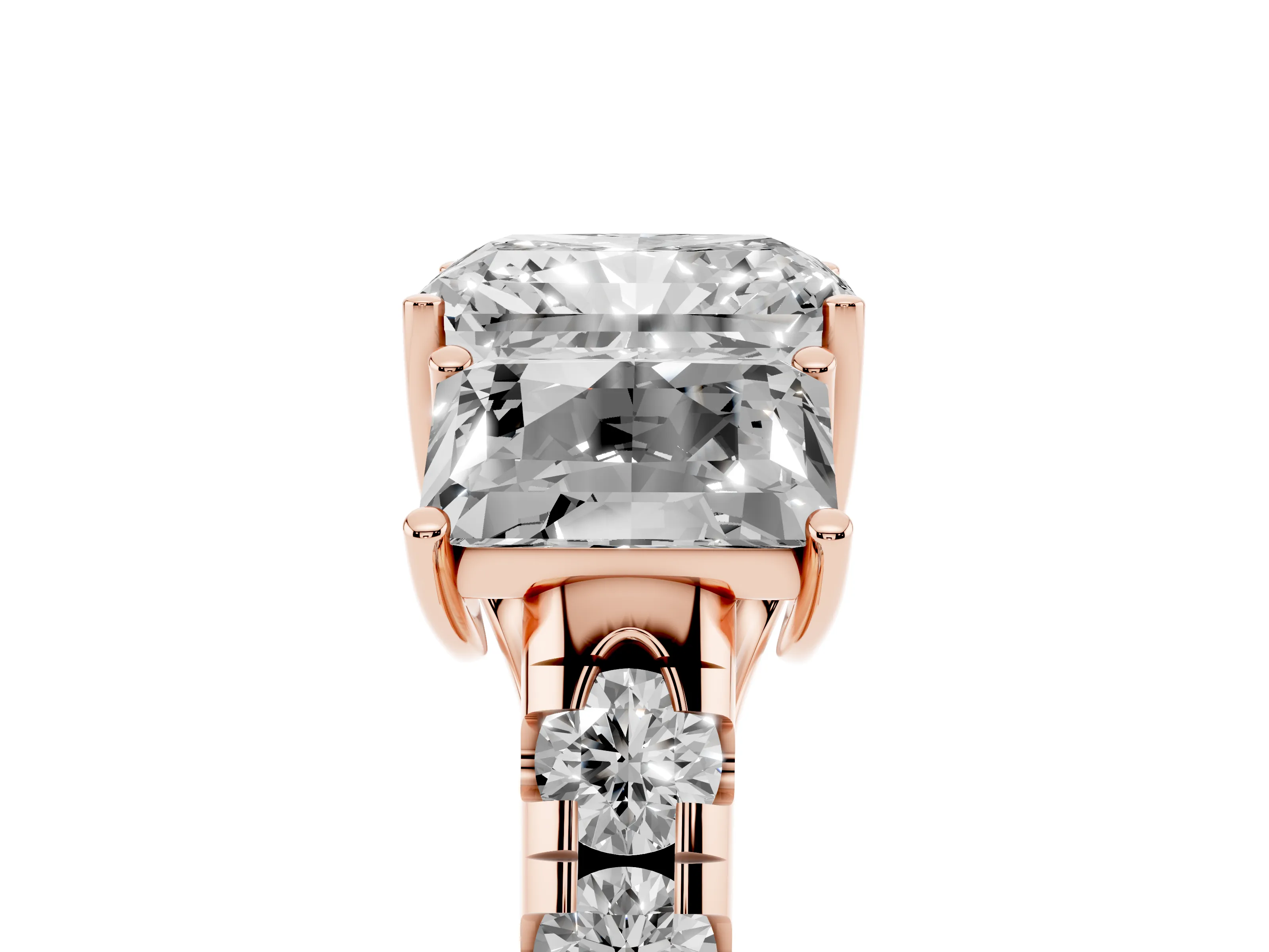 Radiant Cut Diamond Three-Stone Ring Set in Rose gold with Pavé Band
