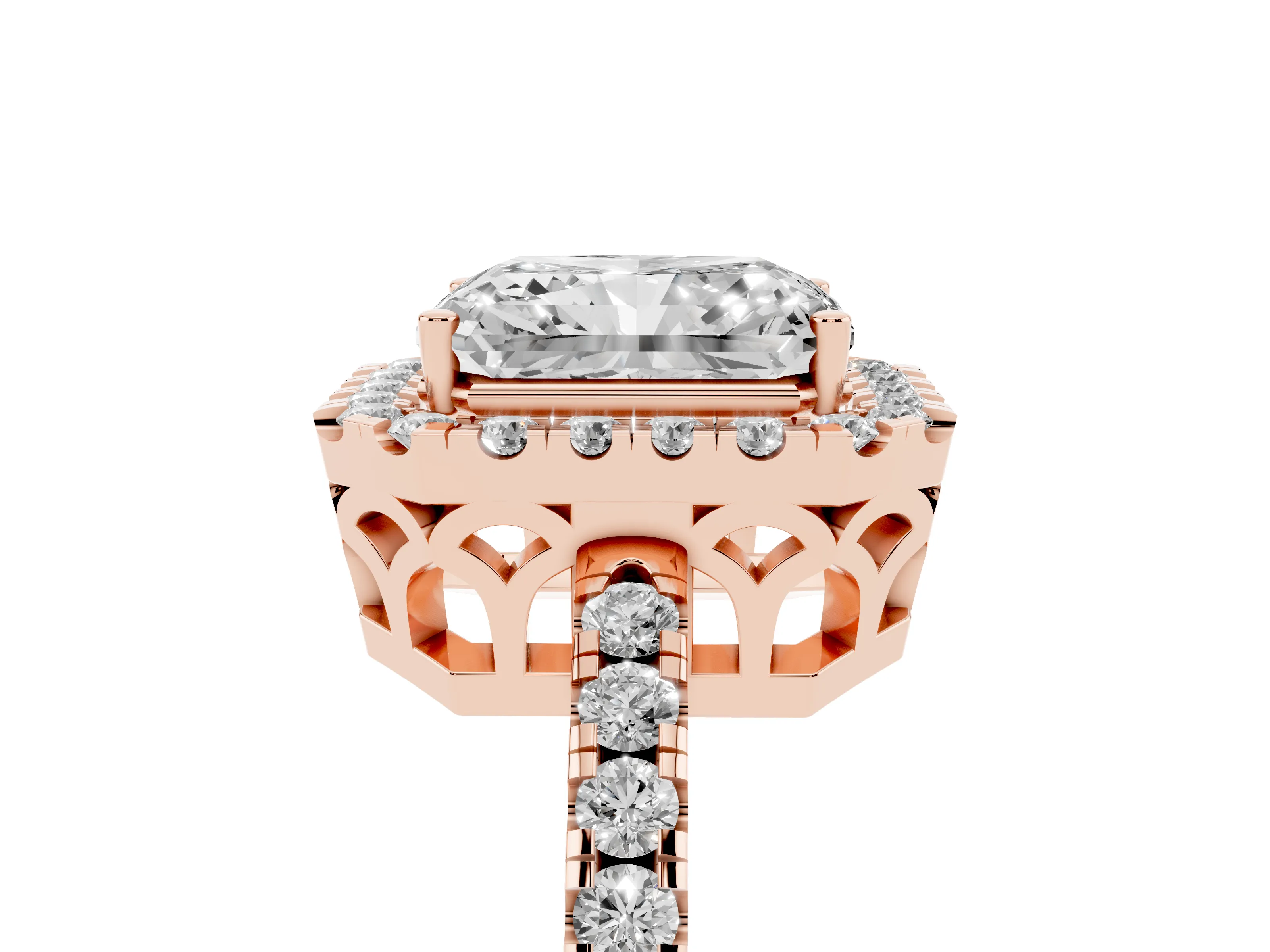 Radiant Cut Diamond Pavé Band Halo Engagement Ring Set in Rose gold with Prong Setting