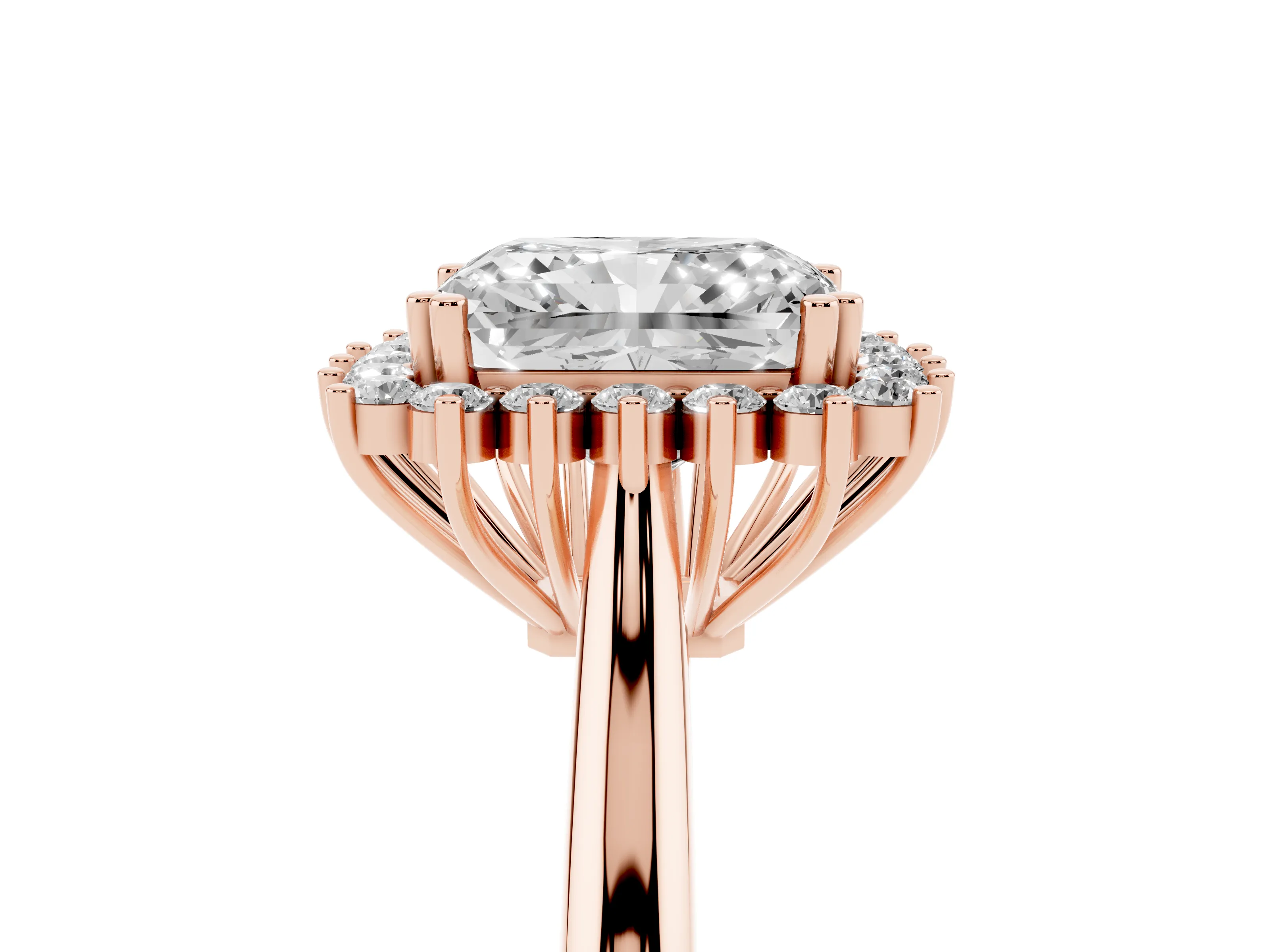 Radiant Cut Diamond Halo Ring Set in Rose gold with Plain Solitaire Band and Prong Setting