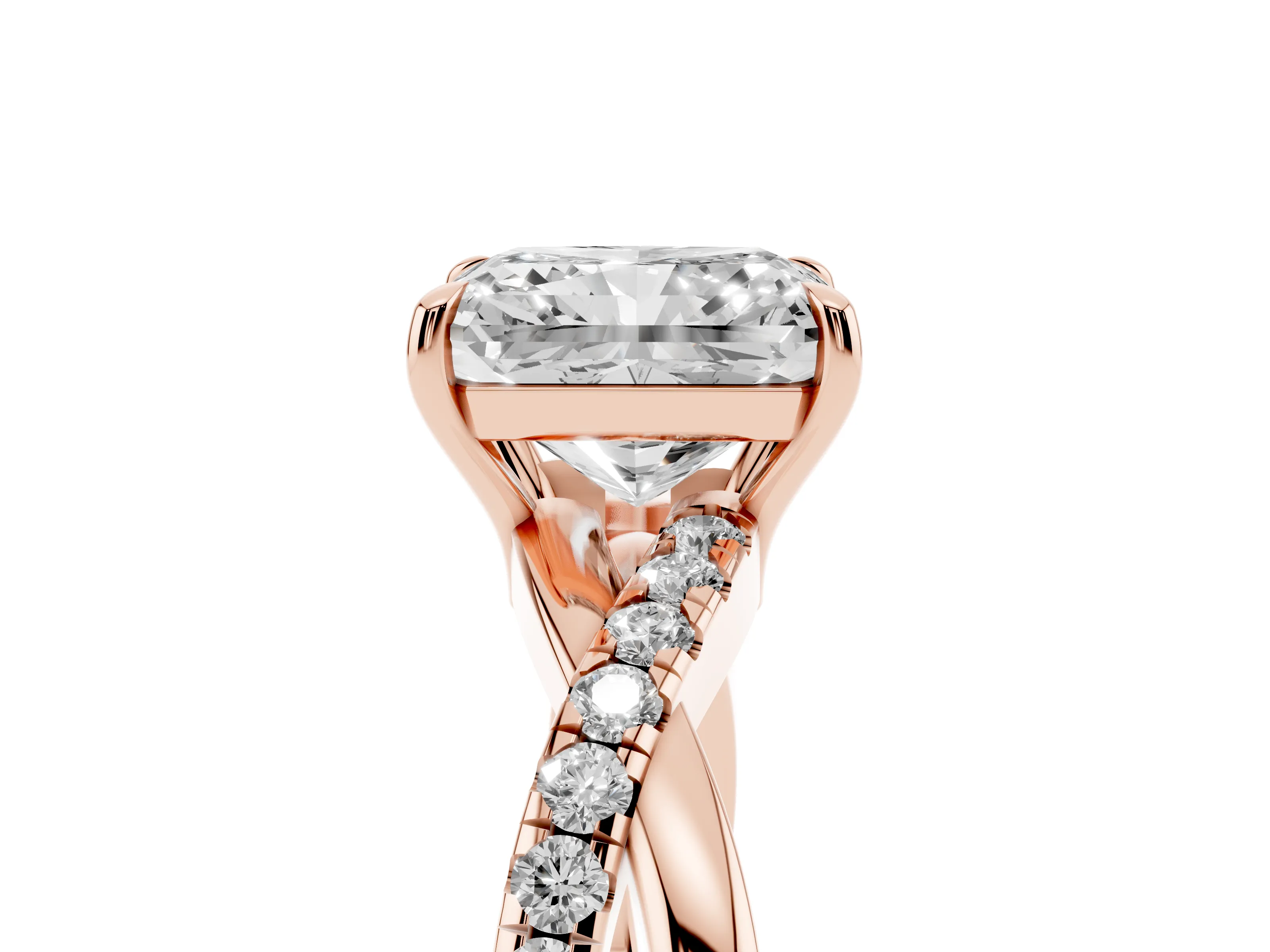 Radiant Cut Diamond Twisted Pavé Band Ring Set in Rose gold with Prong Setting