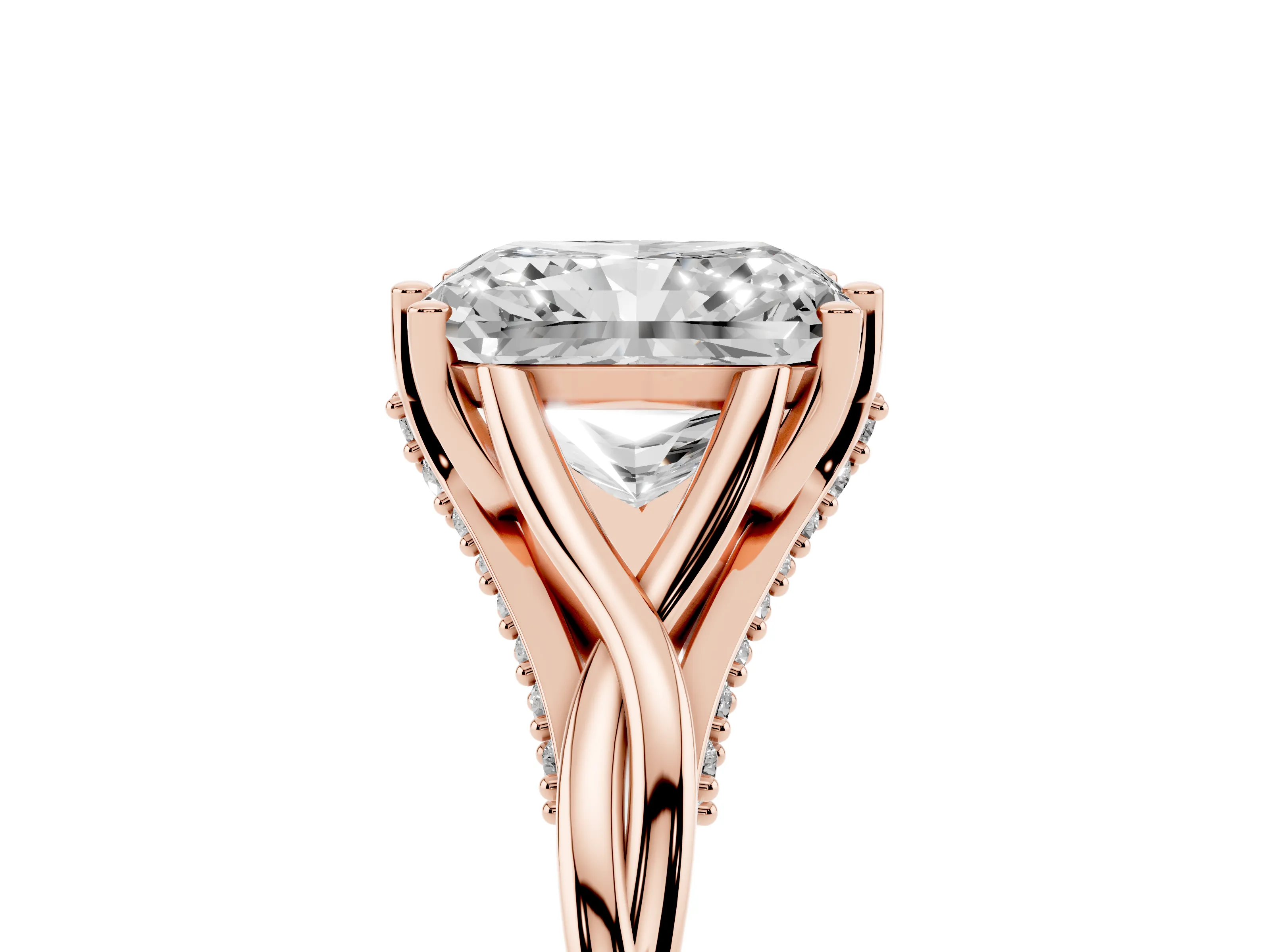 Radiant Cut Diamond Intertwined Twist Band Solitaire Ring Set in Rose gold with Prong Setting