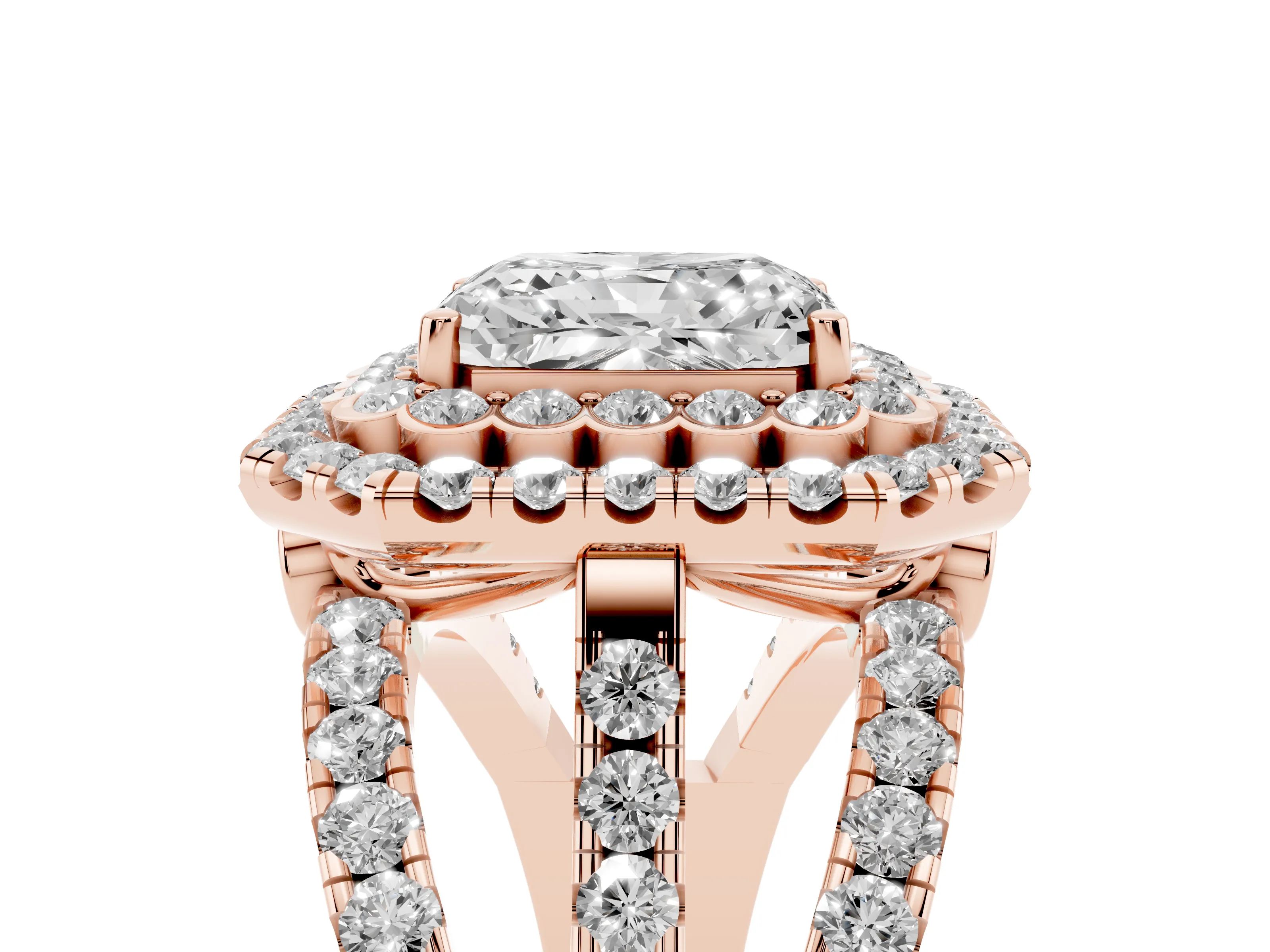 Radiant Cut Diamond Double Halo Ring Set in Rose gold with Round Pavé Split Shank