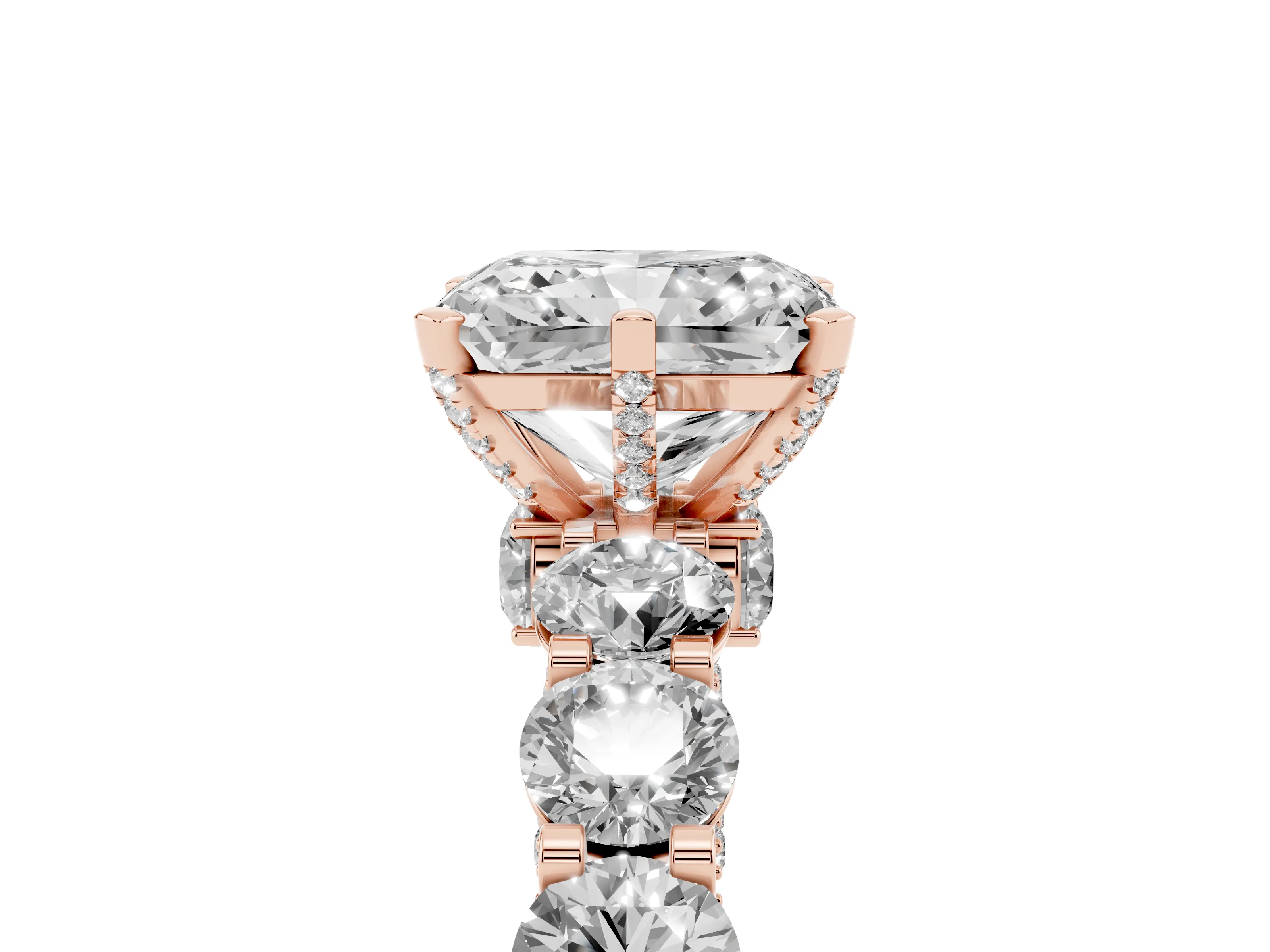 Radiant Cut Diamond Side Stone Ring Set in Rose gold with Alternating Round and Oval Side Stones