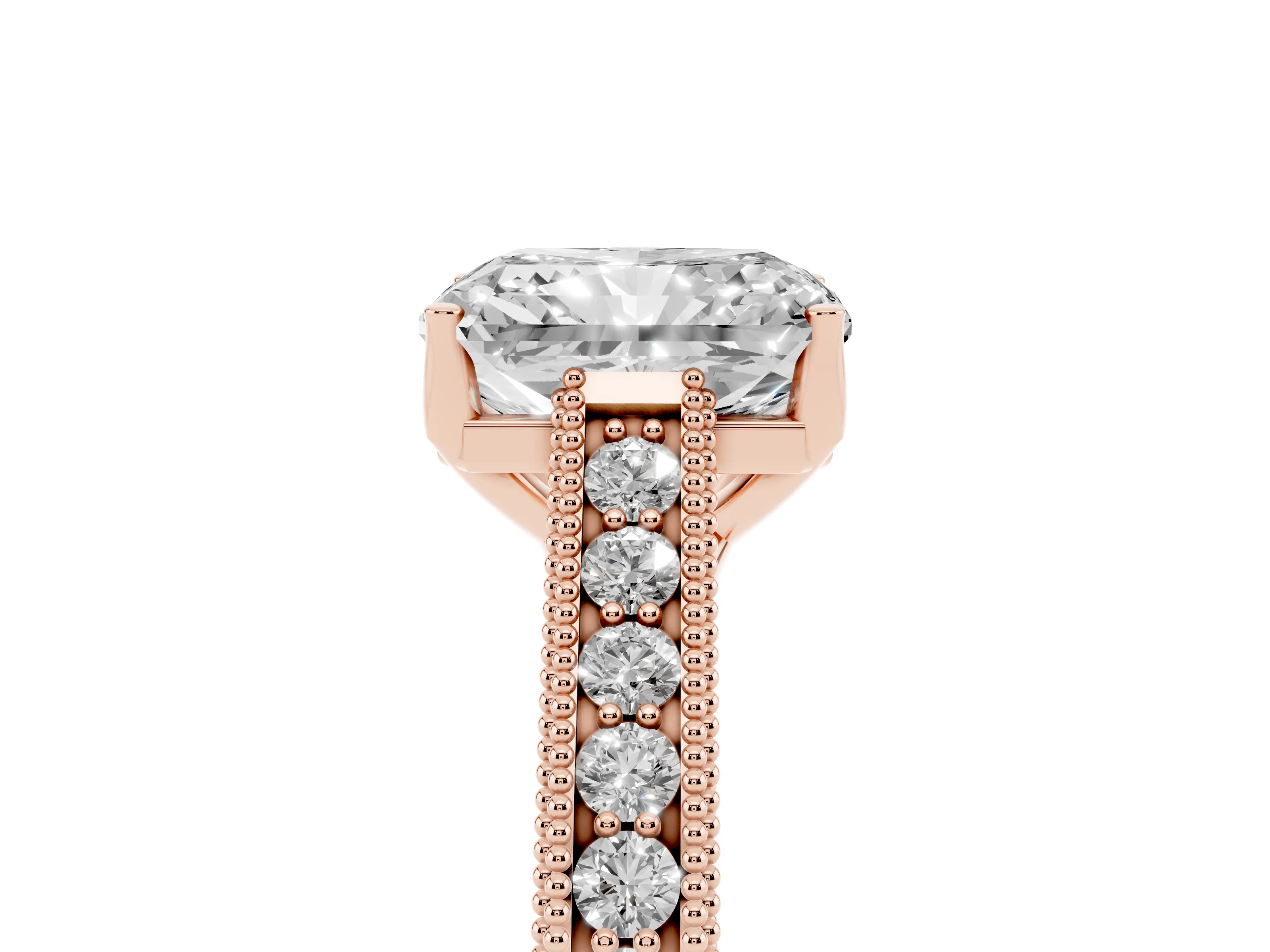 Radiant Cut Diamond Milgrain Pavé Band Solitaire Ring Set in Rose gold with Prong Setting