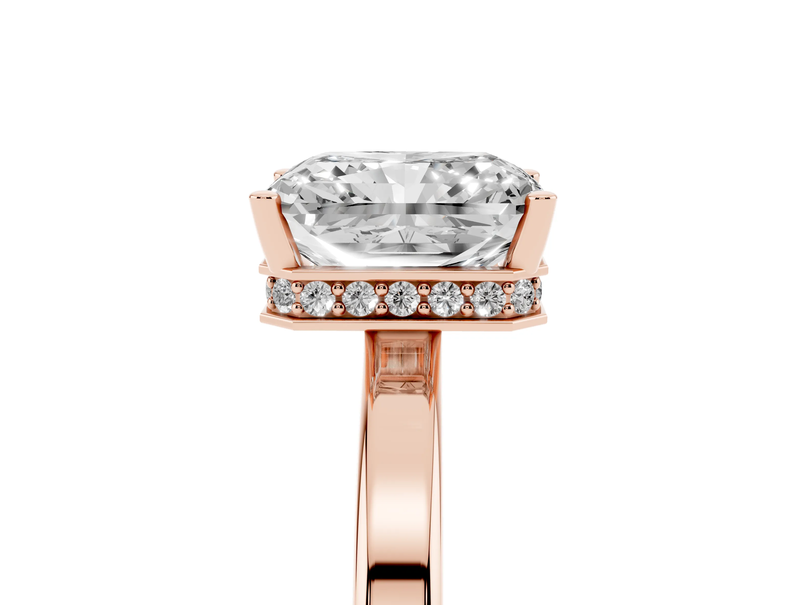 Radiant Cut Diamond Solitaire Engagement Ring Set in Rose gold with Prong Setting on a Plain Band