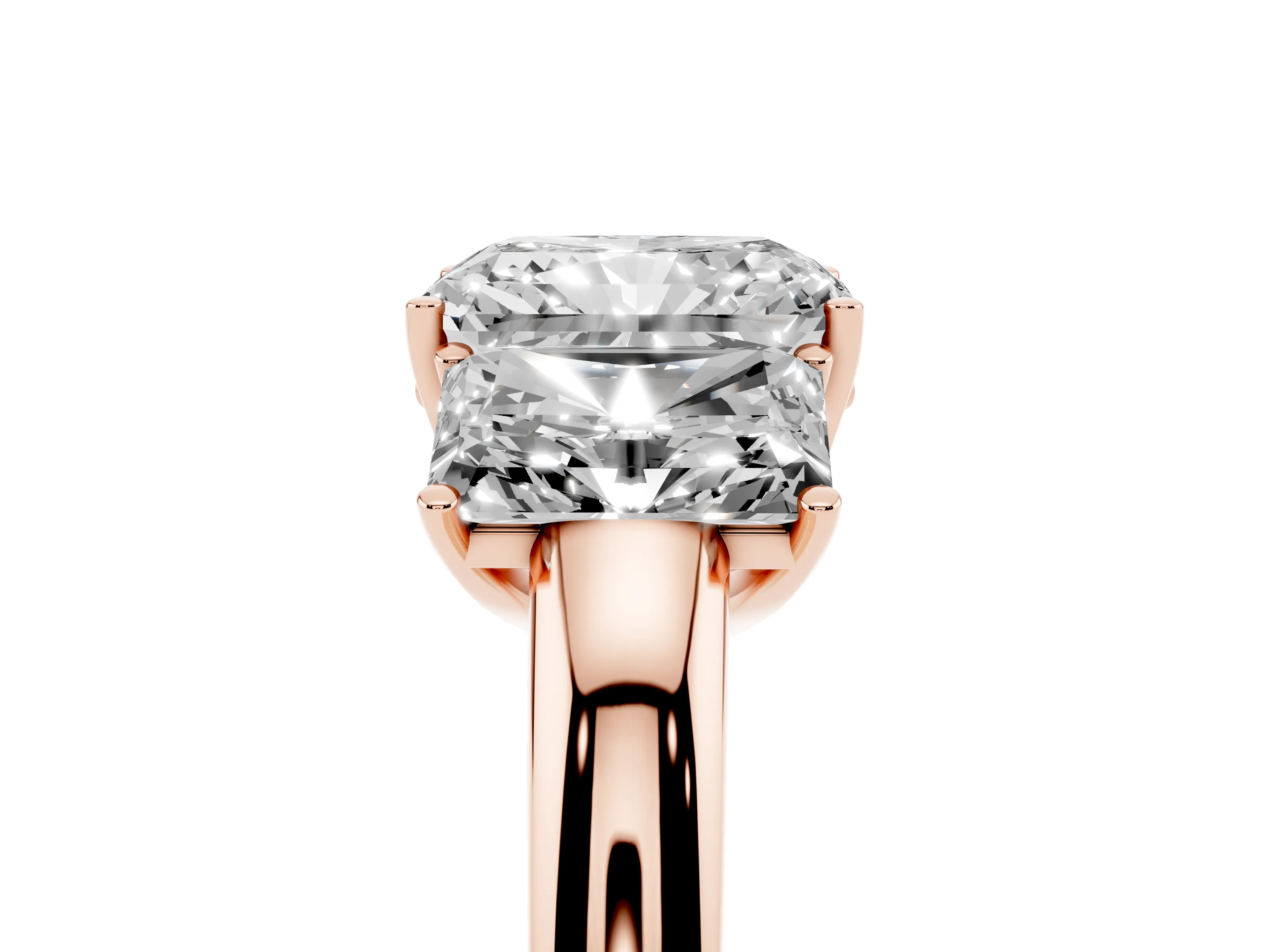 Radiant Cut Diamond Three-Stone Ring Set in Rose gold with Bold Center and Classic Band