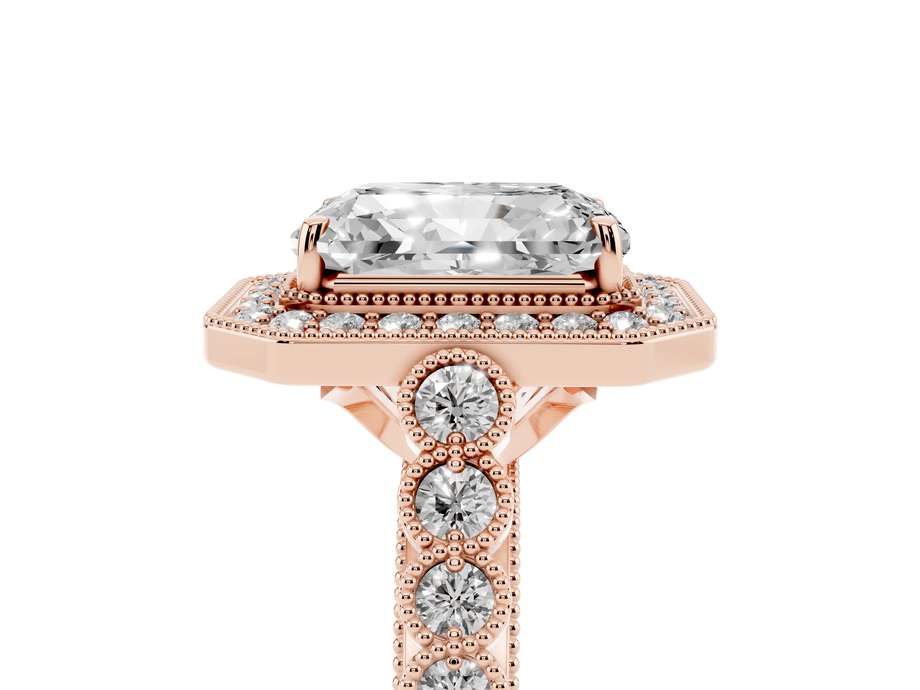 Radiant Cut Diamond Milgrain Halo Solitaire Ring Set in Rose gold with Bezel Set Side Stones and Pavé Band