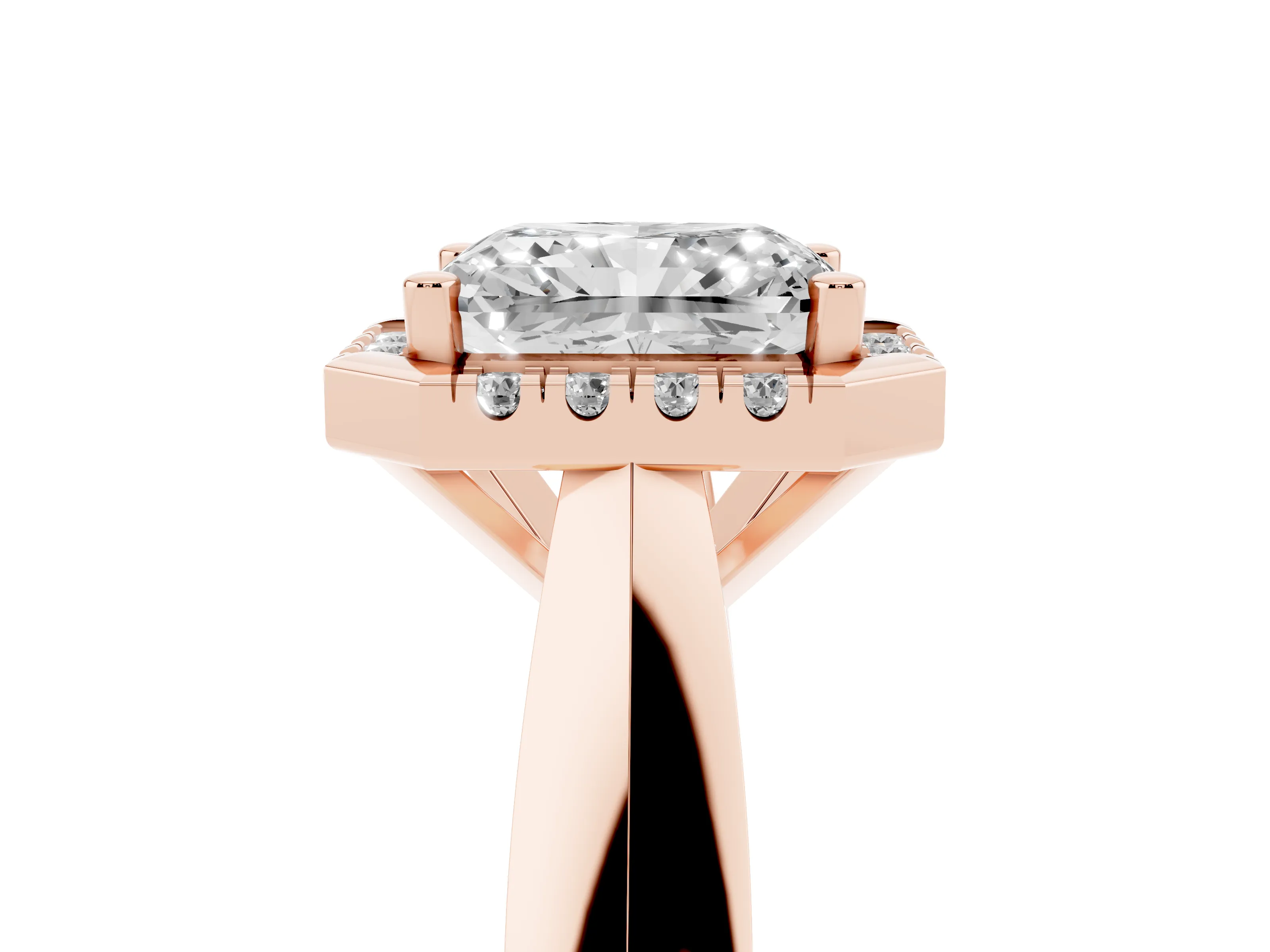 Radiant Cut Diamond Halo Solitaire Engagement Ring Set in Rose gold with Square Band and Prong Setting