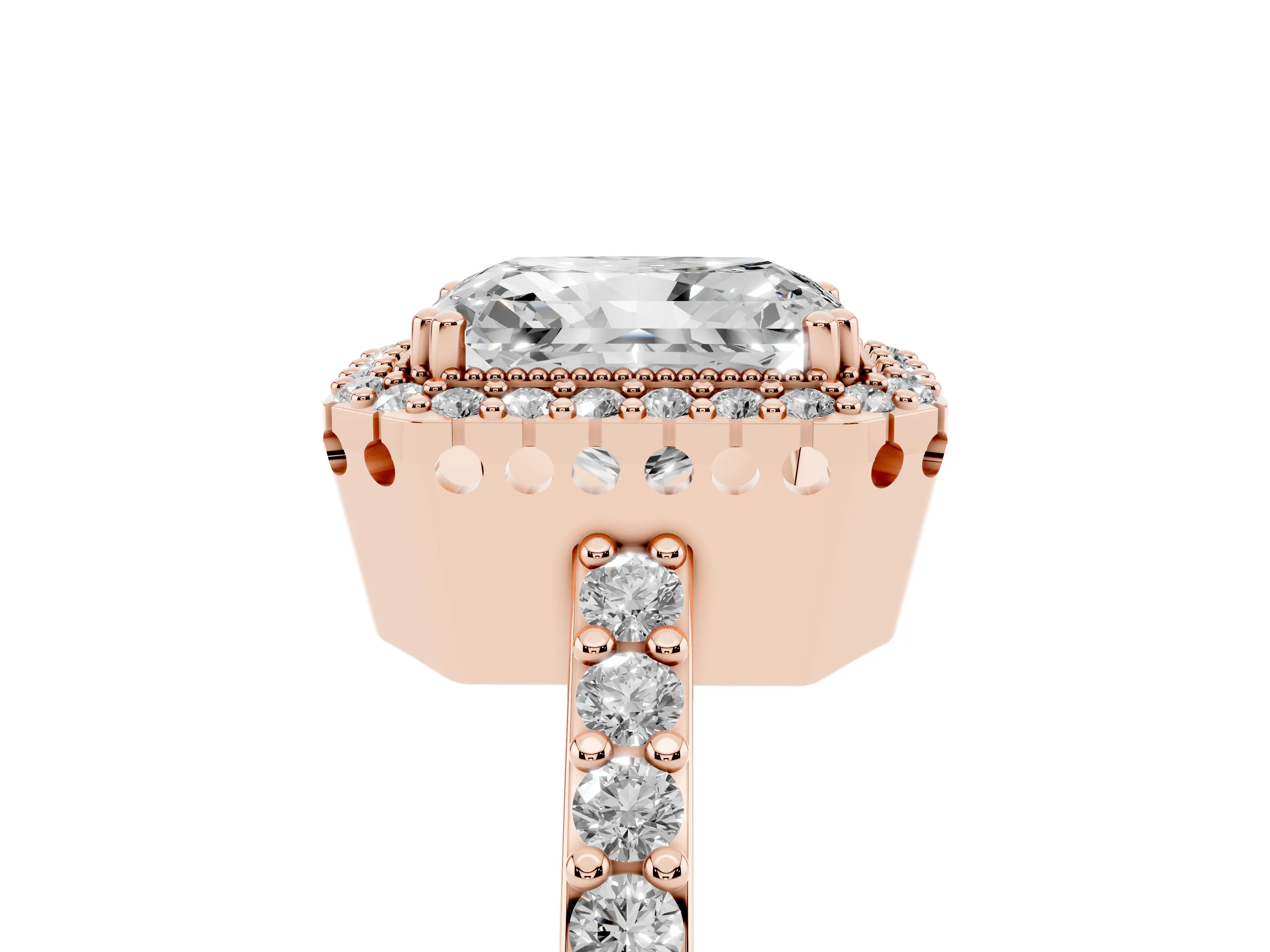 Radiant Cut Diamond Halo Engagement Ring Set in Rose gold with Milgrain Detail and Pavé Band
