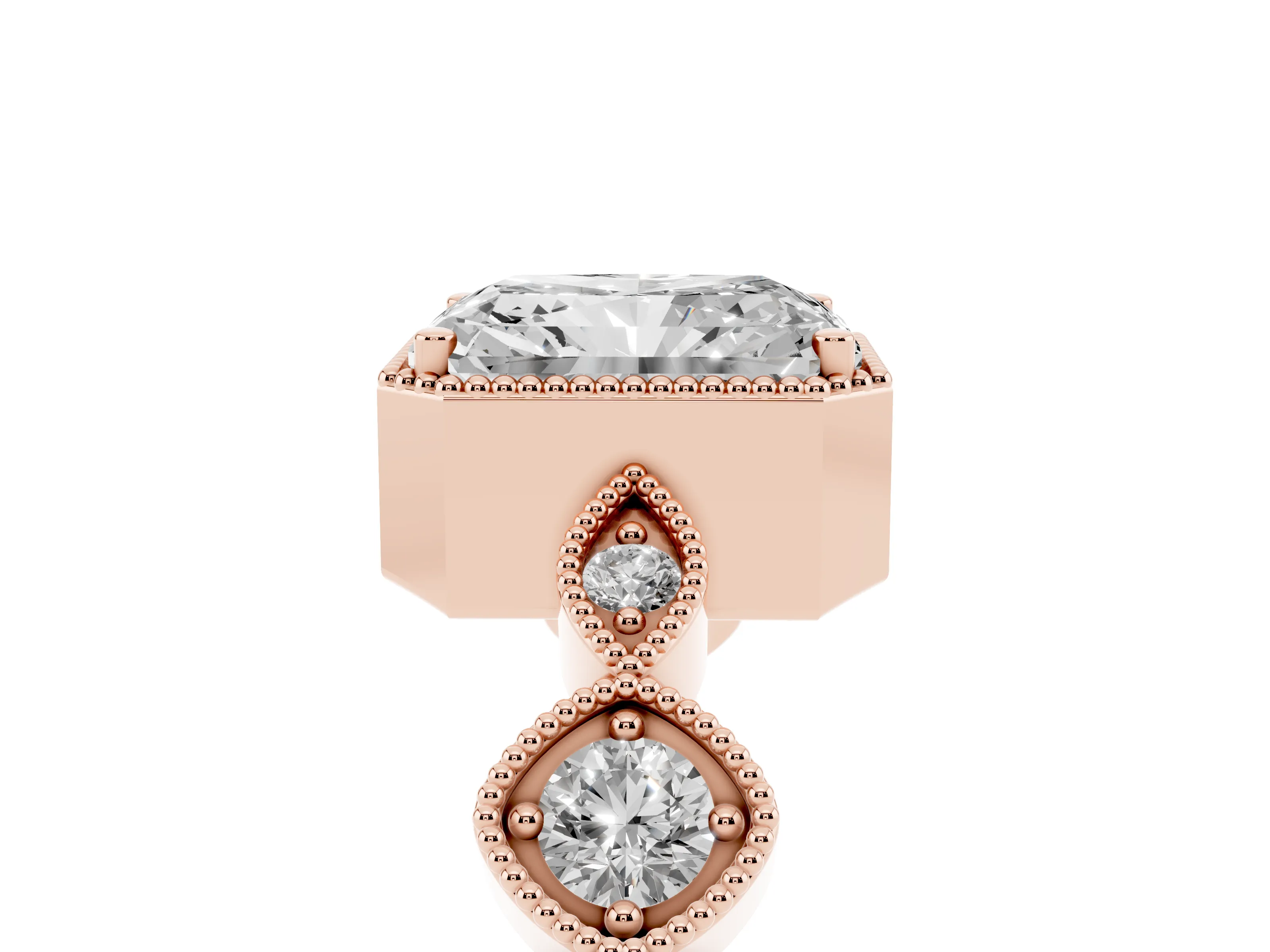 Radiant Cut Diamond Vintage-Inspired Milgrain Ring Set in Rose gold with Marquise Stations of Round Accents
