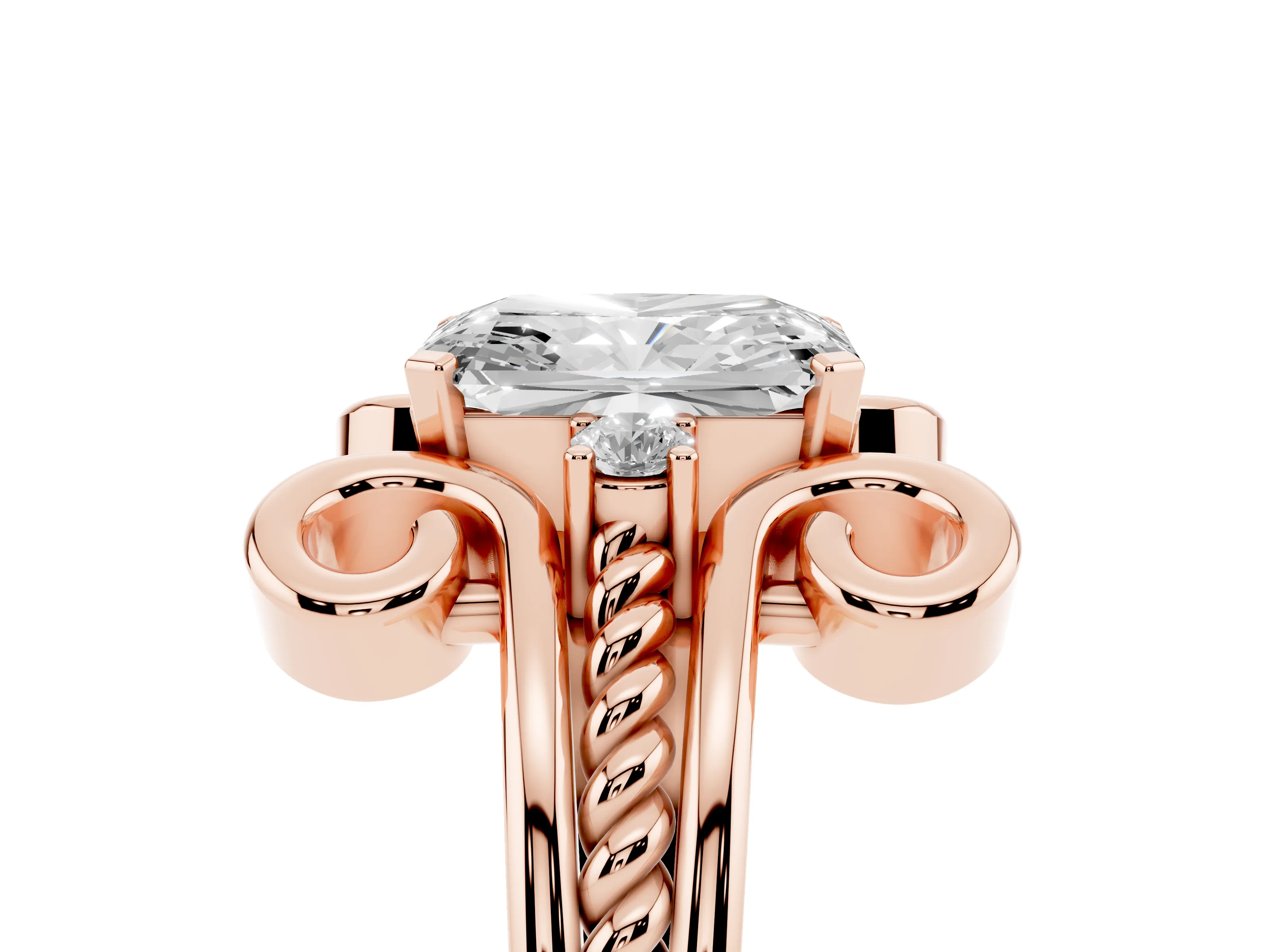 Radiant Cut Diamond Twisted Band Solitaire Ring Set in Rose gold with Scroll Prongs