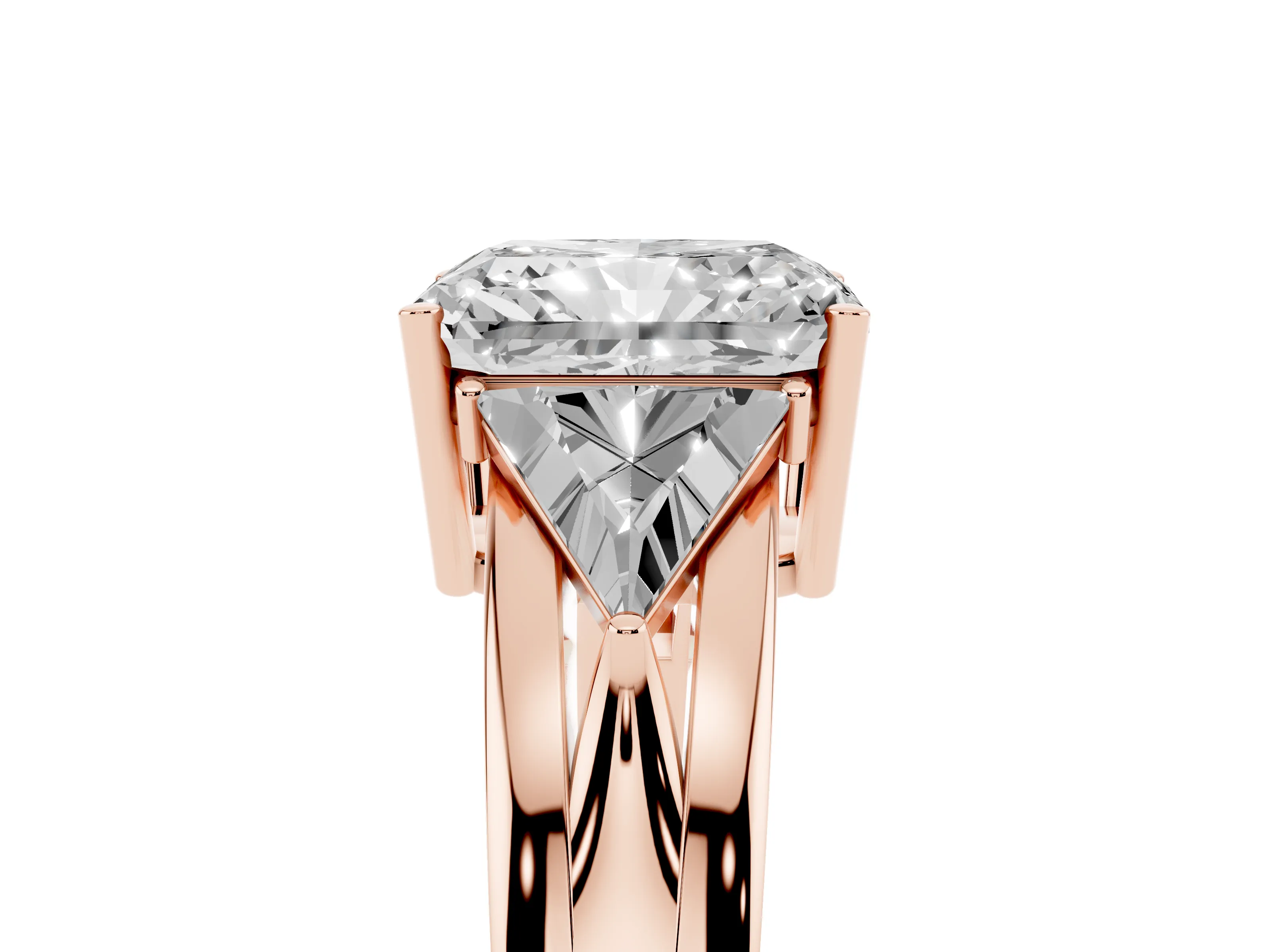 Radiant Cut Diamond Three-Stone Ring Set in Rose gold with Trillion Side Stones and Split Shank