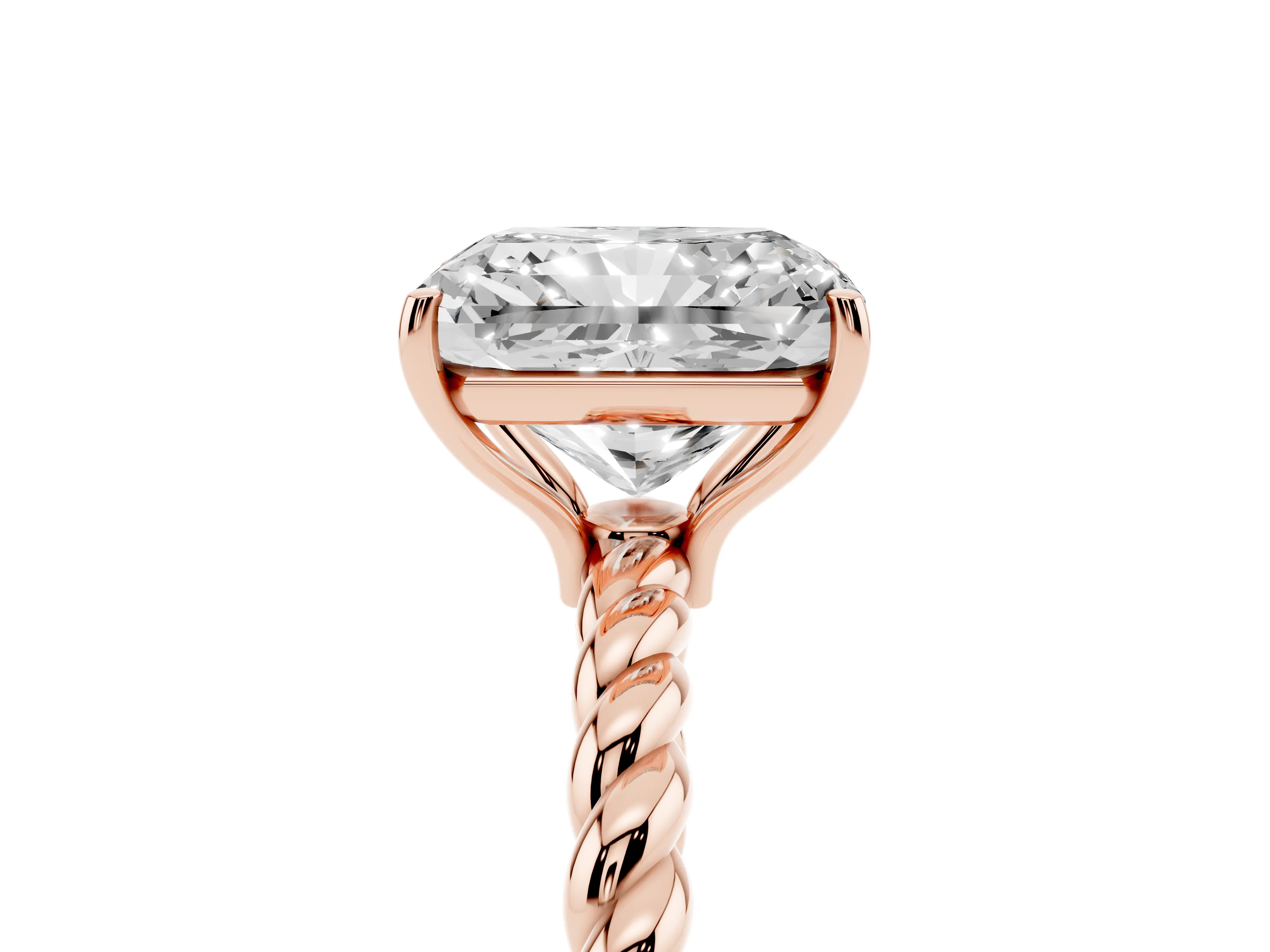 Radiant Cut Diamond Solitaire Ring Set in Rose gold with Twist Band and Prong Setting