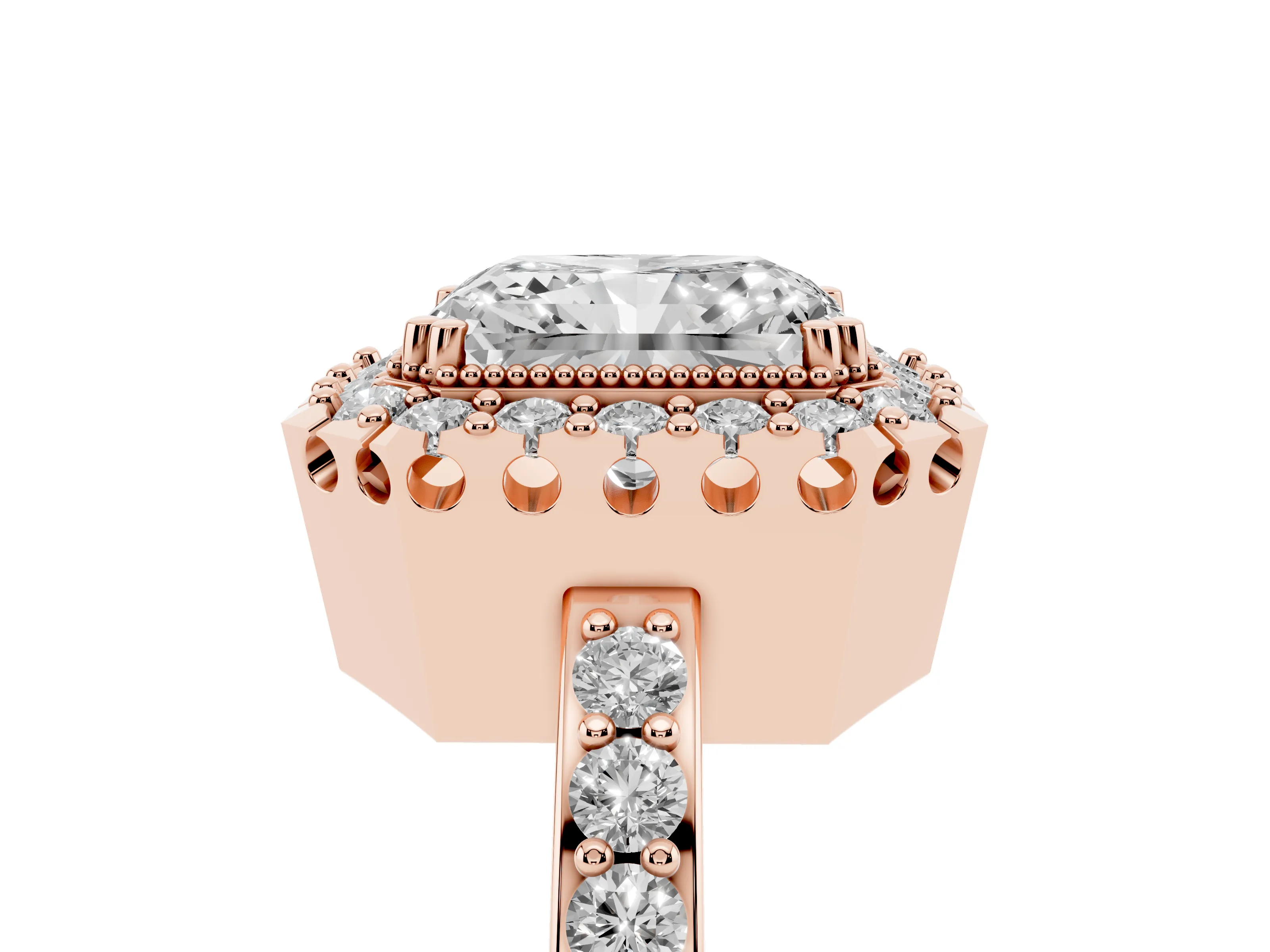 Radiant Cut Diamond Halo Ring Set in Rose gold with Pavé Shank and Prong Setting