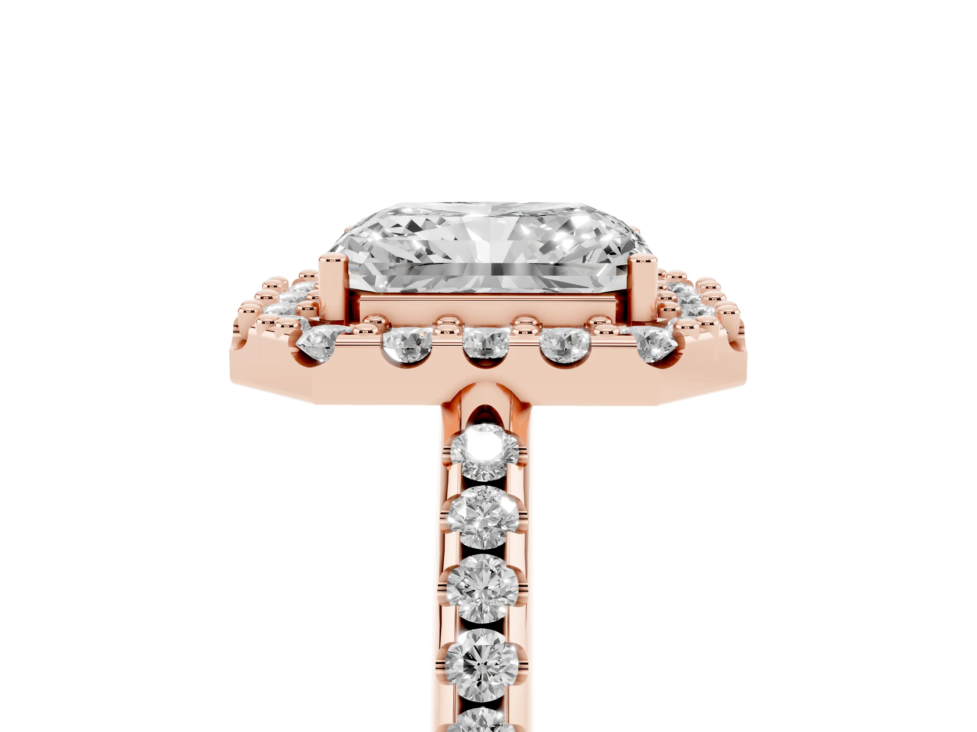 Radiant Cut Diamond Pavé Halo Ring Set in Rose gold with Prong Setting