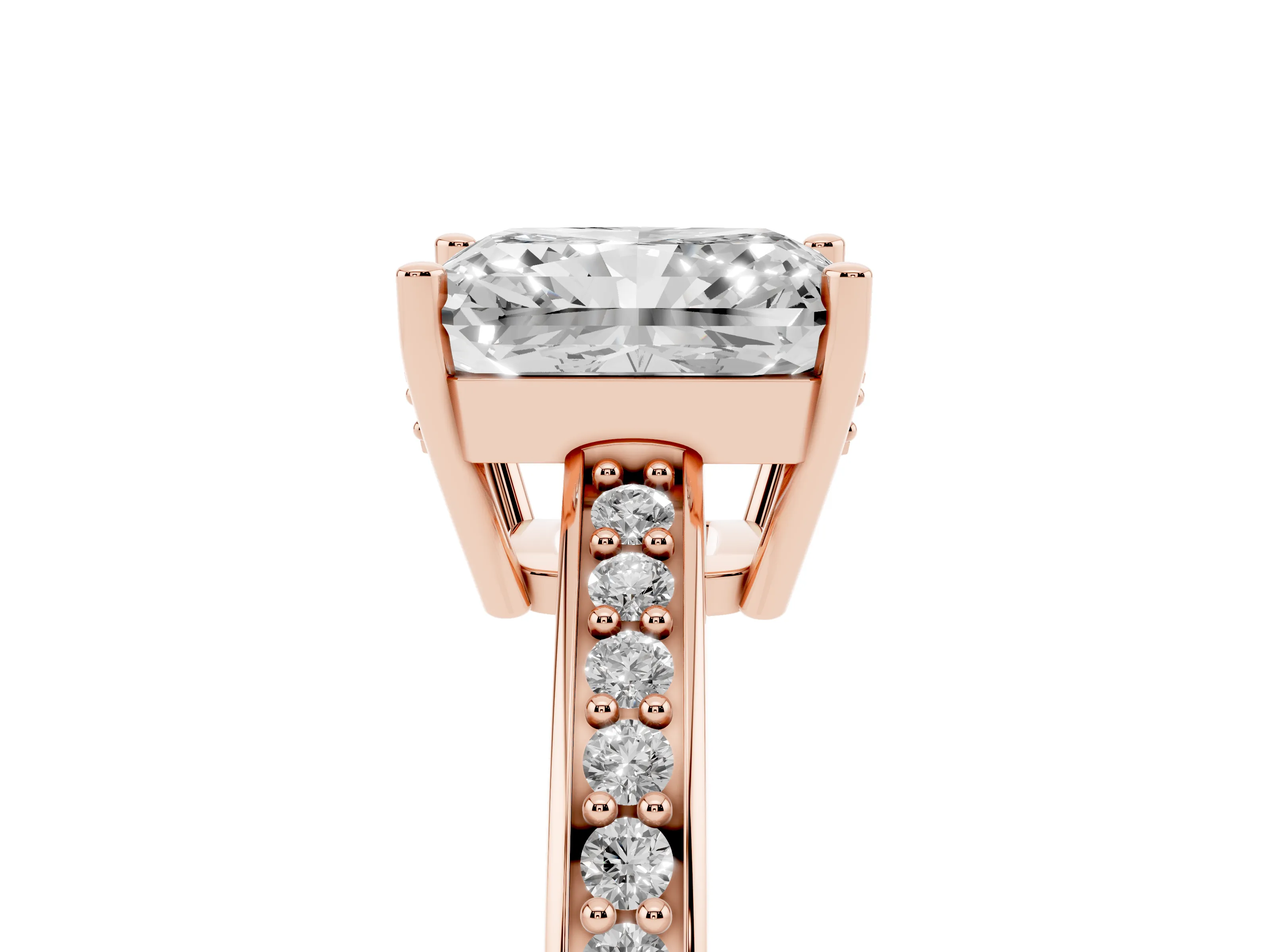 Radiant Cut Diamond Pavé Band Prong Set Solitaire Ring Set in Rose gold