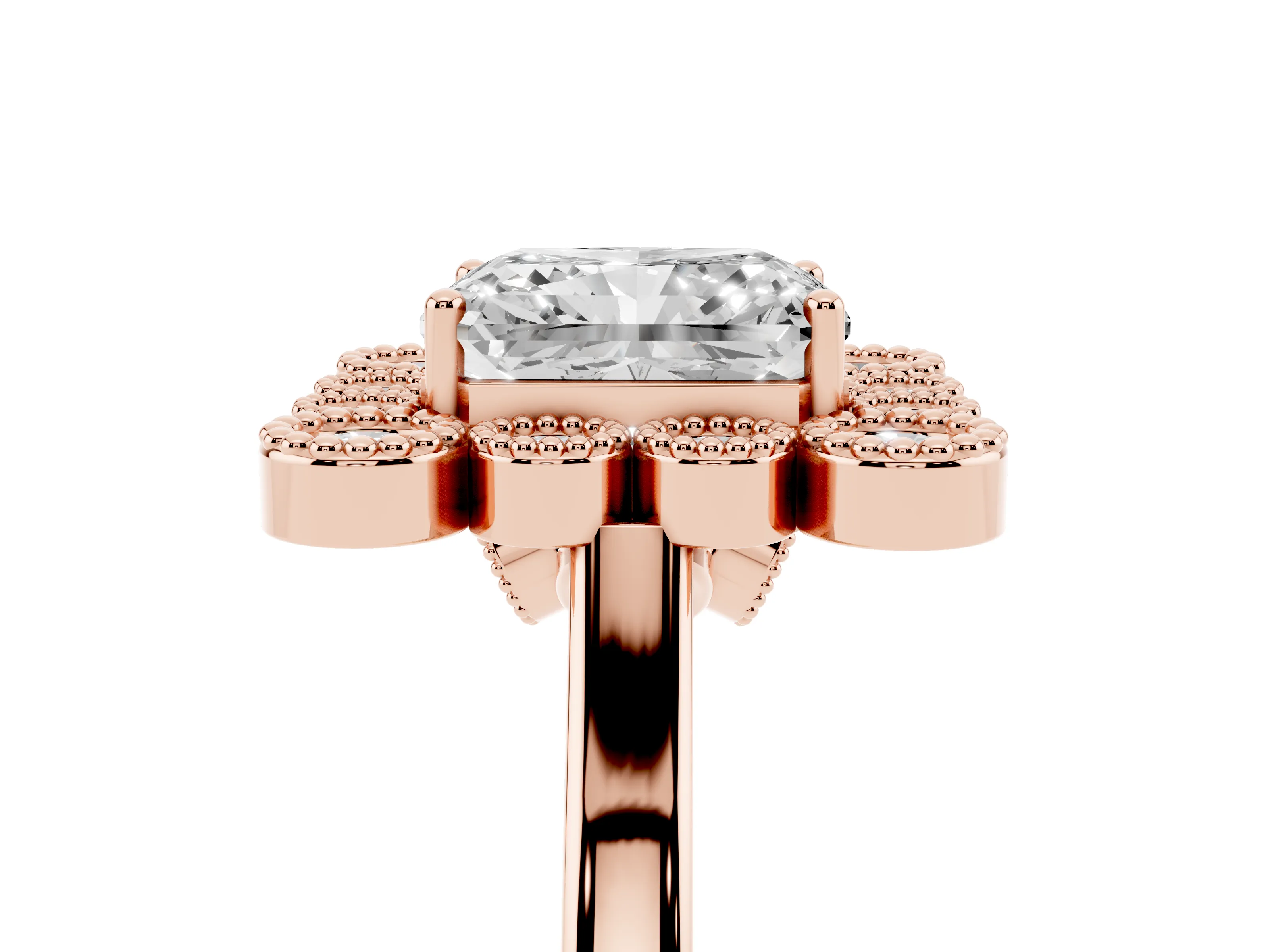 Radiant Cut Diamond Cluster Halo Ring Set in Rose gold with Milgrain Bezel Accents and Plain Band