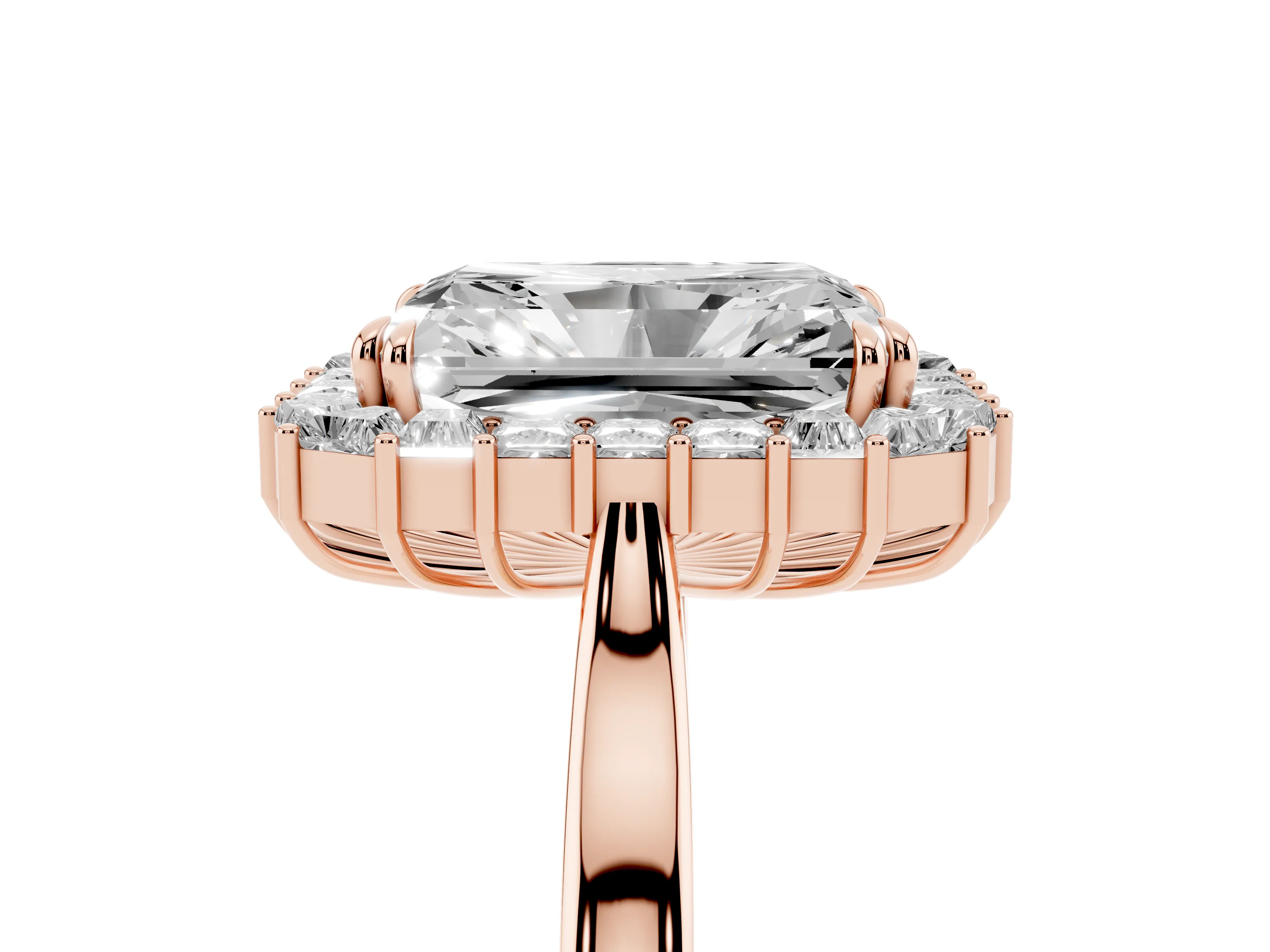 Radiant Diamond Baguette Halo Ring Set in Rose gold with Round Accents and Slim Band