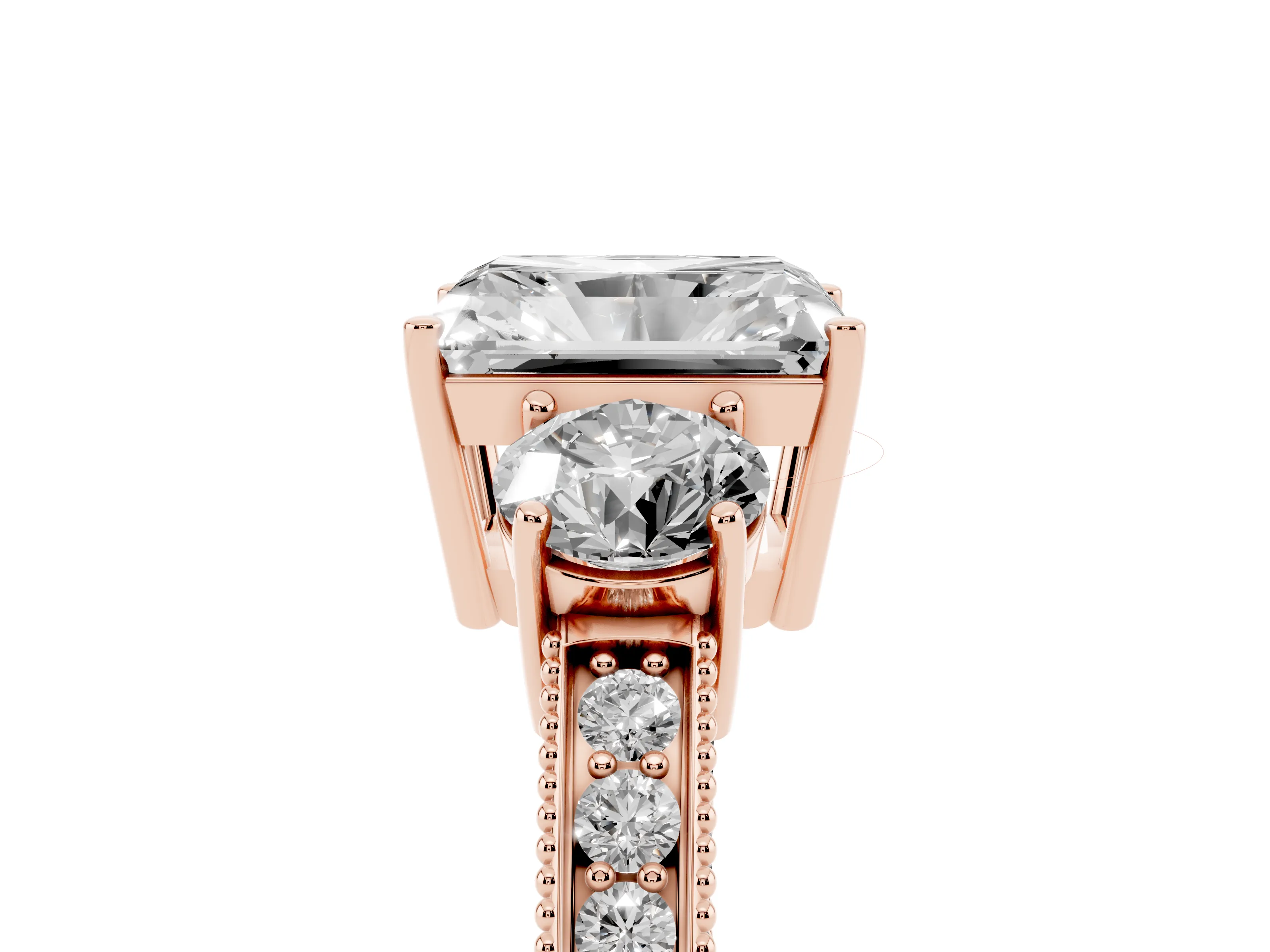 Radiant Cut Diamond Three-Stone Ring Set in Rose gold with Round Side Stones and Pavé Band