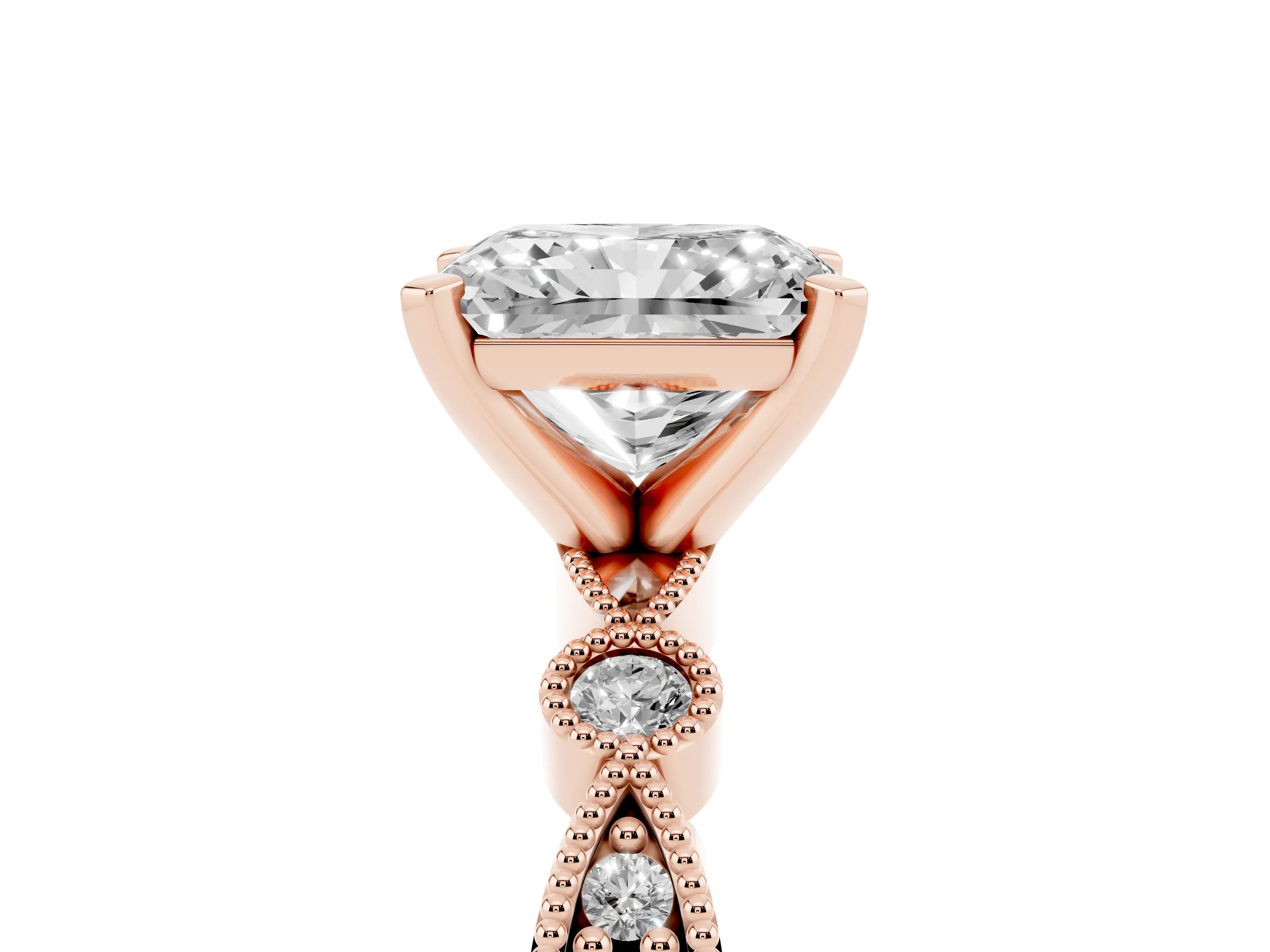 Radiant Cut Diamond Solitaire Engagement Ring Set in Rose gold with Milgrain Bezel Accent Band