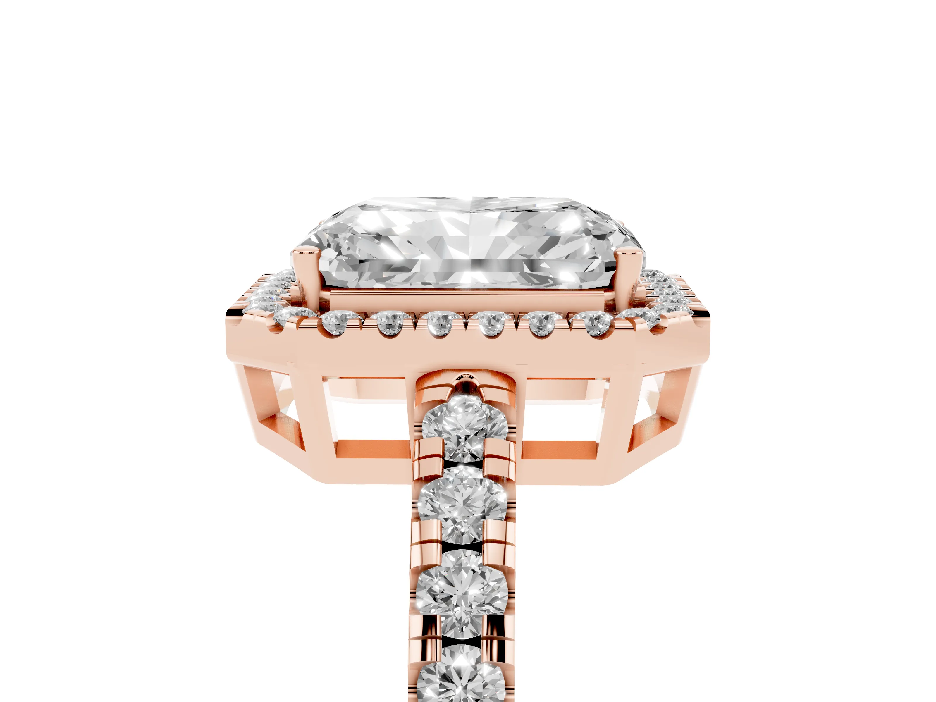 Radiant Cut Diamond Halo Ring Set in Rose gold with Delicate Pavé Band and Prong Setting