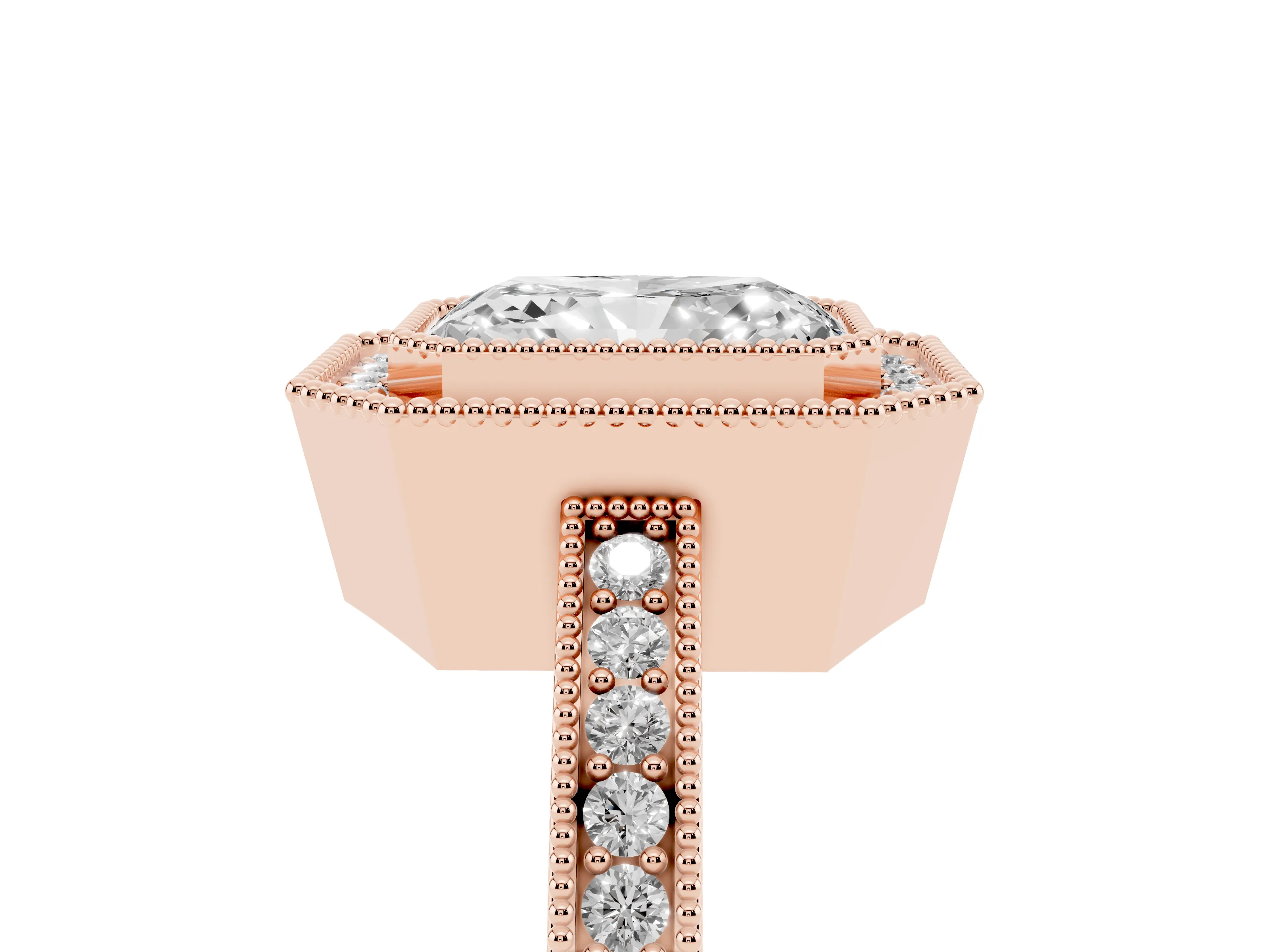 Radiant Cut Diamond Round Halo Ring Set in Rose gold with Pavé Band